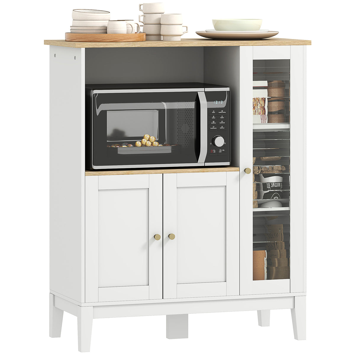 Móvel Auxiliar de Cozinha Moderno Móvel para Micro-Ondas Móvel de Cozinha com Prateleiras 3 Portas Compartimento Aberto Sistema Anti-Tombo para Sala de Jantar 80x35x97 cm Branco — foto 1