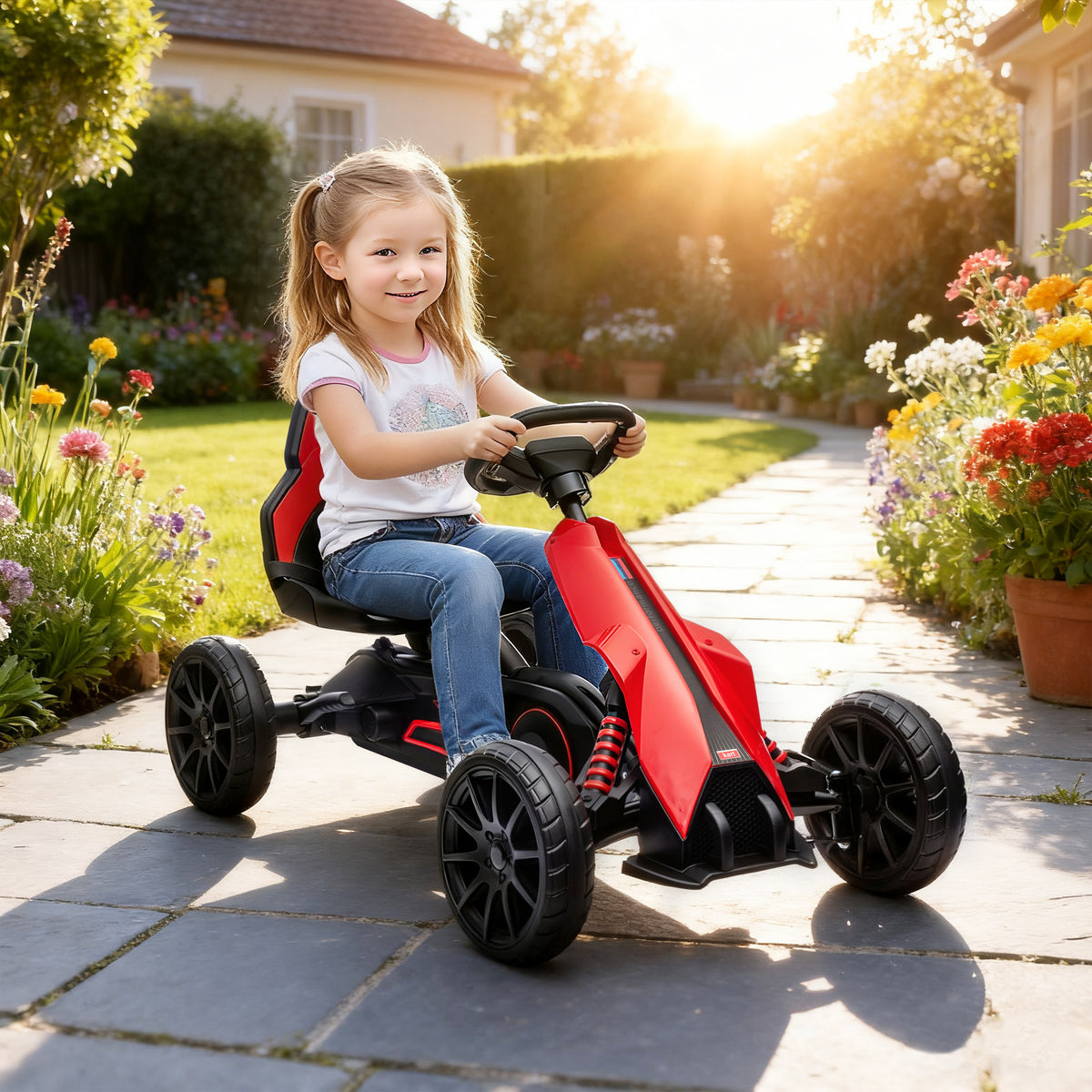 Kart a Pedais Infantil Kart a Pedais para Crianças de 3-8 Anos com Assento Ajustável em 4 Posições, Travão de Mão e Rodas de EVA Carga 30 kg 100x58x58,5 cm Vermelho — foto 2