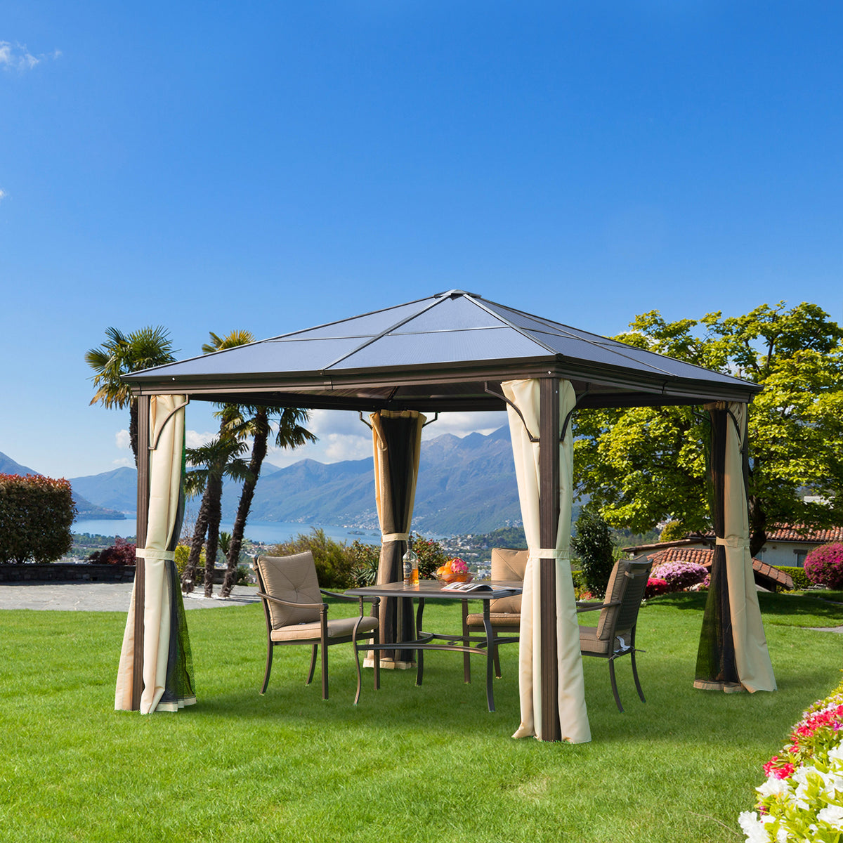 Pérgola para Jardim 3x3m Pérgola para Exterior Anti UV Teto de Policarbonato e Mosquiteira Integrada Bege e Marrom — foto 2