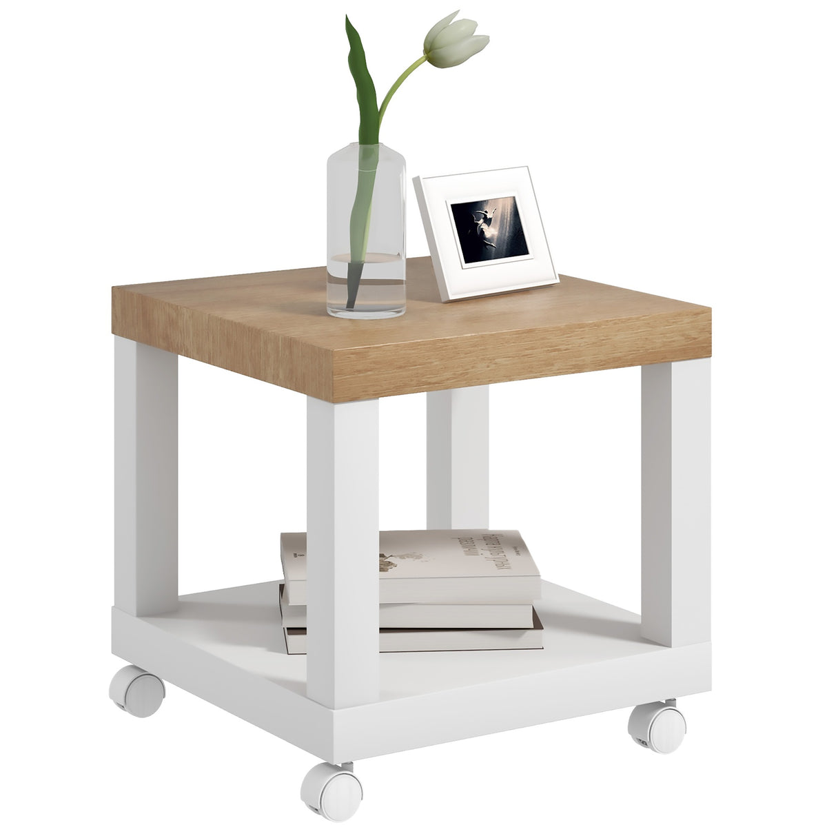 Mesa Auxiliar com Rodas Mesa Auxiliar com Prateleira Aberta para Sofá Dormitório 40x40x40 cm Branco e Madeira — foto 1