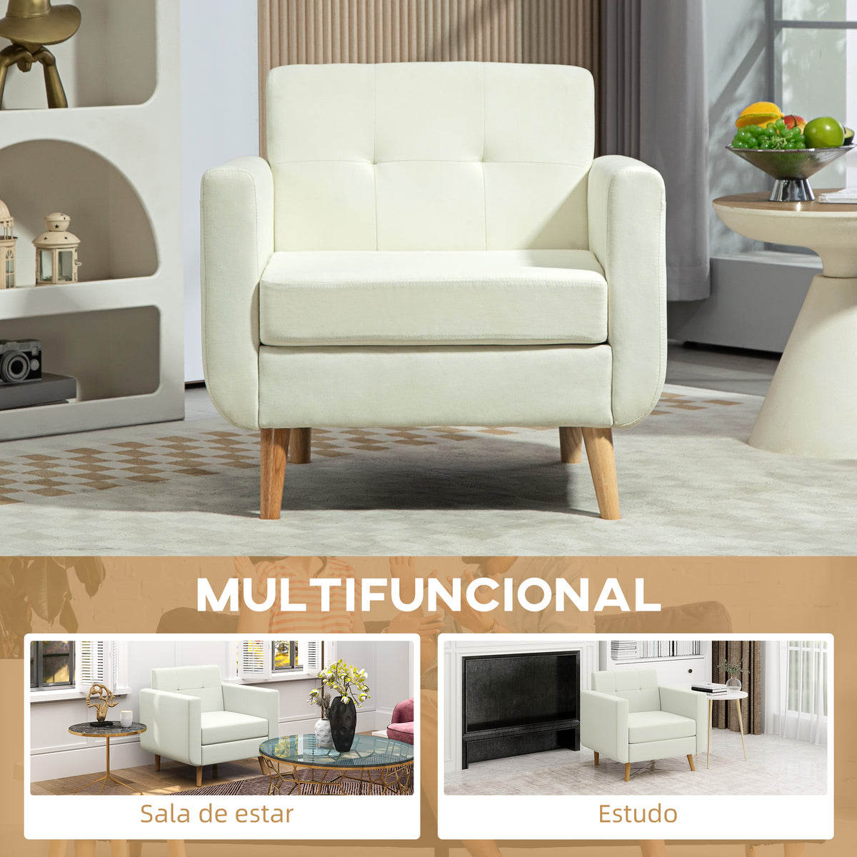 Poltrona Sala de Estar Moderna Poltrona Dormitório com Apoio para os Braços e Pés de Madeira Sofá Individual para Escritório Carga 125 kg 78x70x75 cm Creme — foto 8