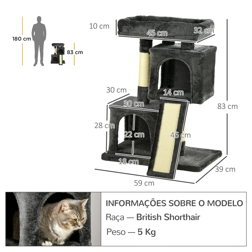 Arranhador para Gatos com Postes e Placa de Arranhar em Sisal Caverna Cama com Borda Elevada e Tato Suave 59x39x83 cm Cinza Escuro — foto 3