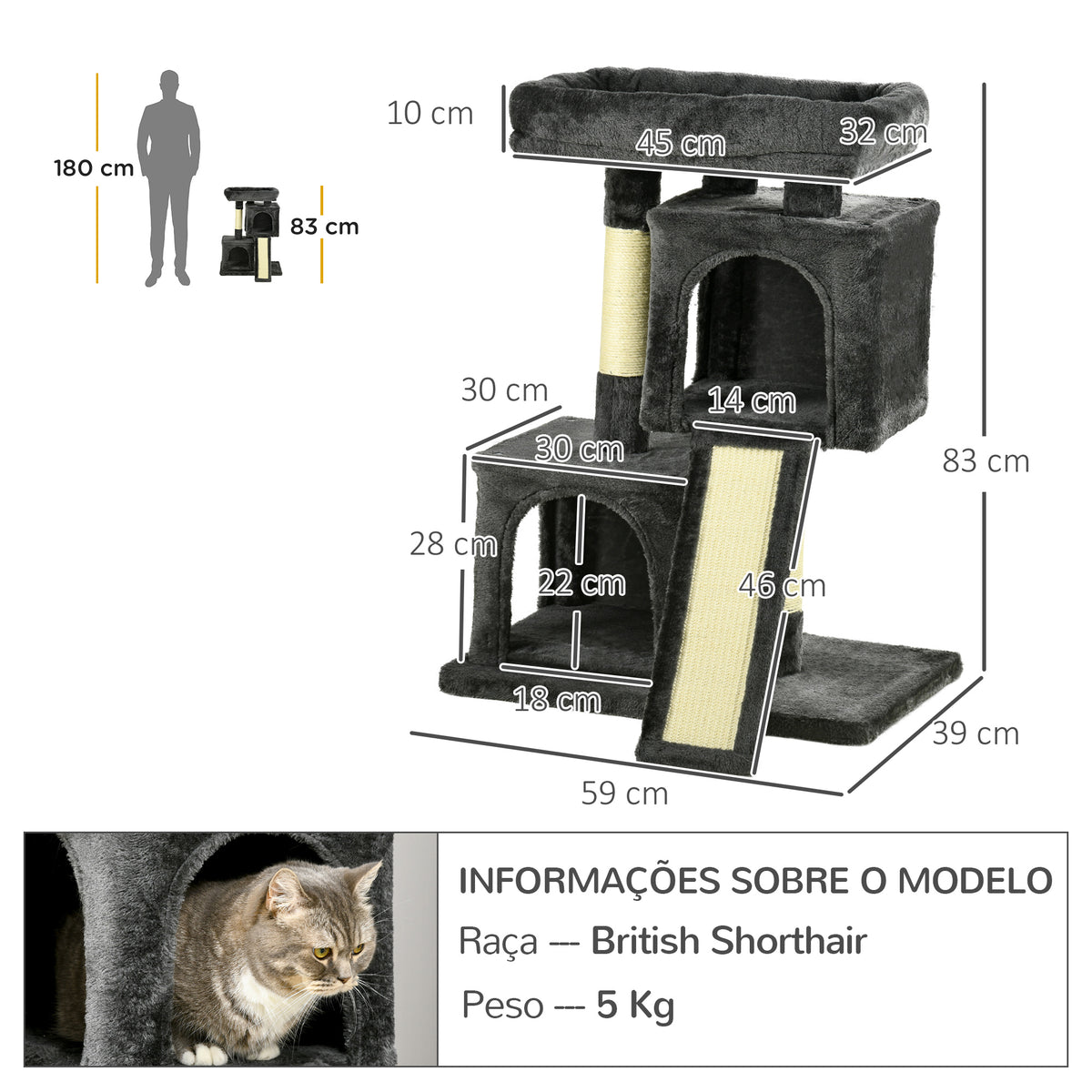 Arranhador para Gatos com Postes e Placa de Arranhar em Sisal Caverna Cama com Borda Elevada e Tato Suave 59x39x83 cm Cinza Escuro — foto 3
