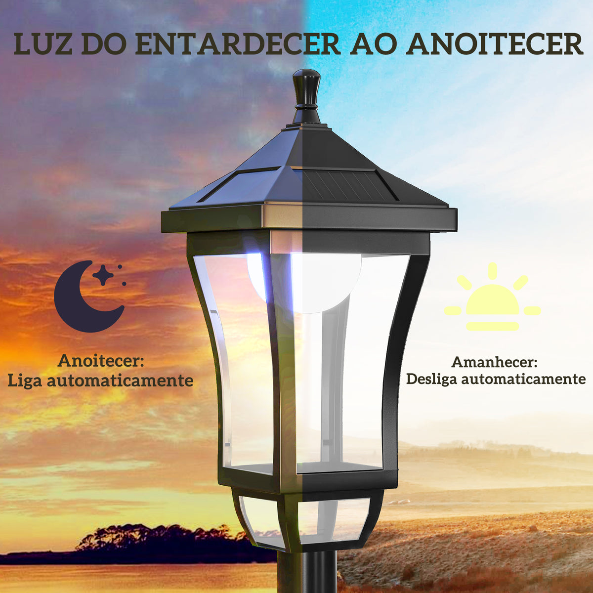 Candeeiro Solar de Jardim Candeeiro com Painel Solar Liga e Desliga Automaticamente para Exterior Pátio 15x15x127 cm Preto — foto 5