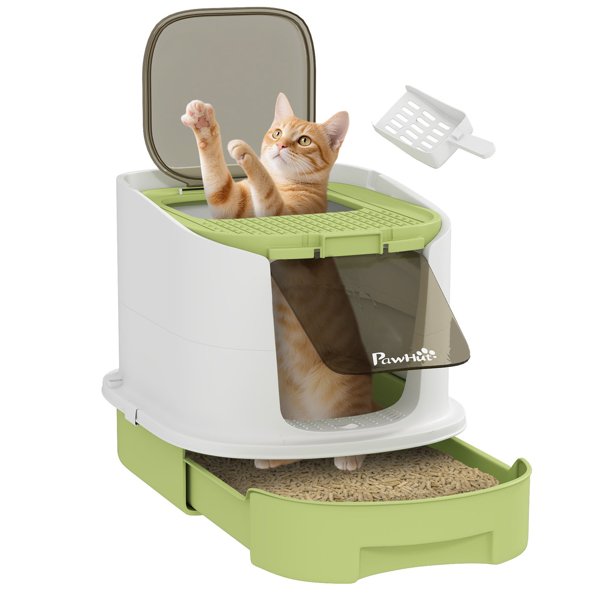 Caixa de Areia para Gatos Fechada Caixa de Areia para Gatos com Entrada Frontal Saída Superior Tampa Amovível Bandeja e Pá 40,5x52,5x42,5 cm Verde — foto 1