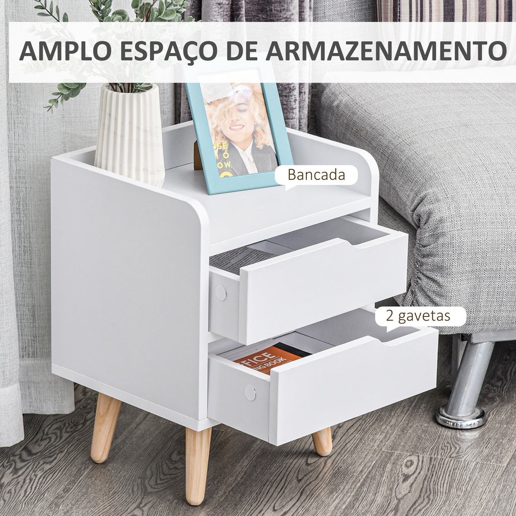 Mesa lateral de cabeceira multiuso para sala de estar ou quarto com 2 gavetas espaçosas Pernas de pinho elevado Design moderno 33x28x42cm Branco — foto 5