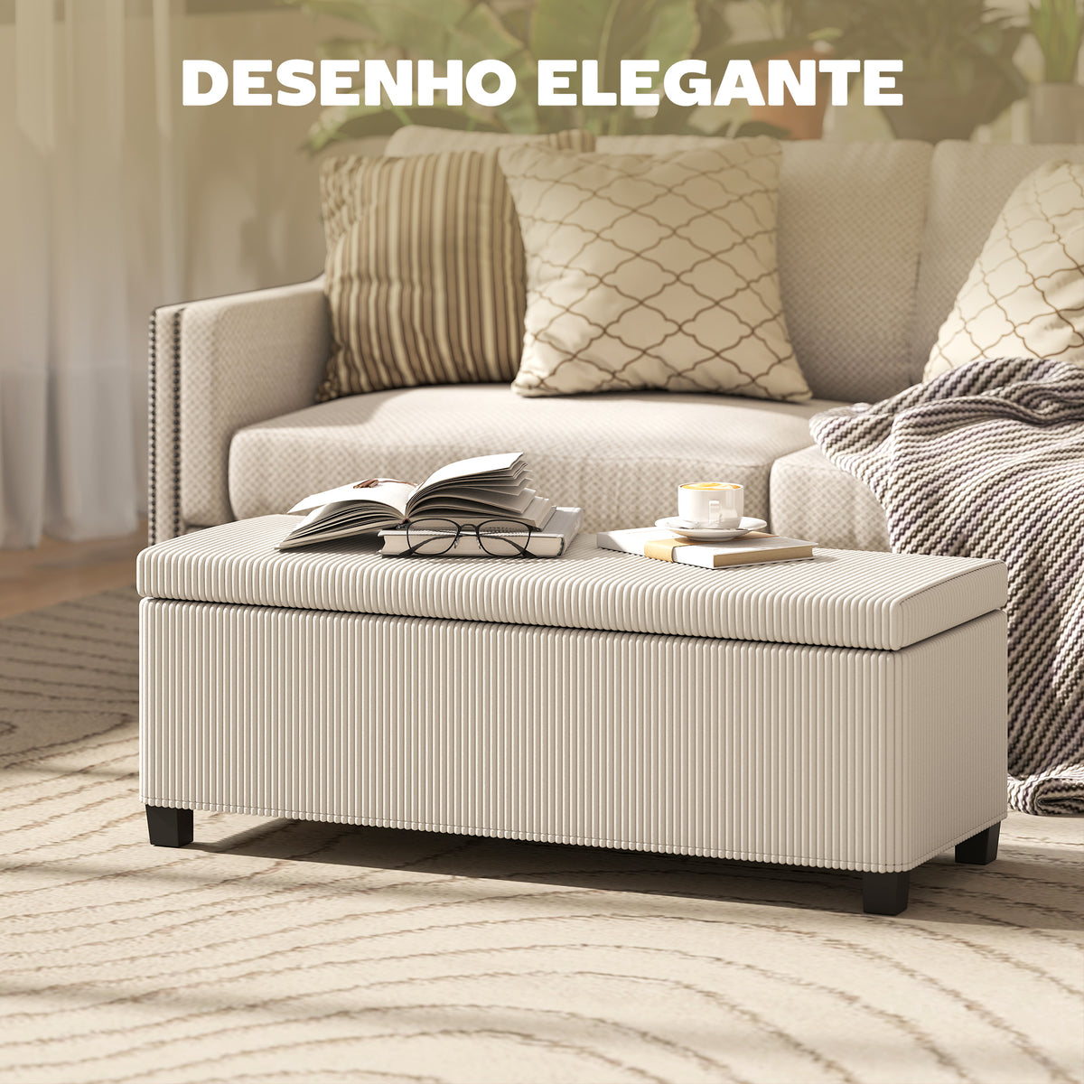 Banco de Arrumação Banco com Armazenamento Capacidade de 84 L 112x42x40 cm Estofado em Veludo Banco Pé de Cama para Dormitório Bege — foto 4
