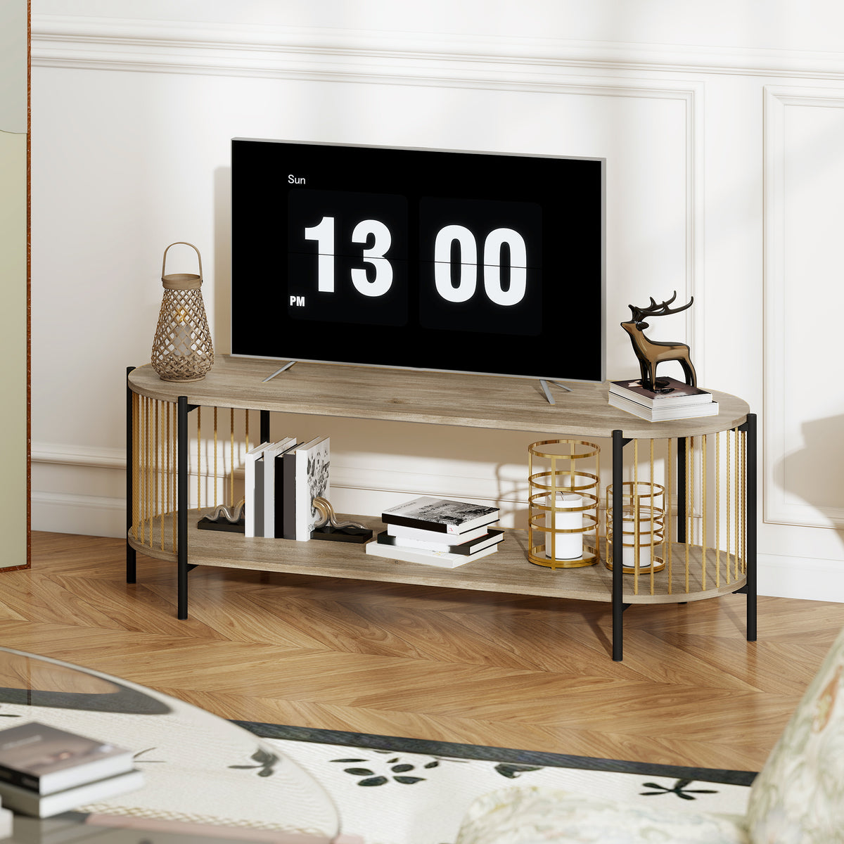 Móvel de TV Estilo Boémio Móvel de TV até 55 Polegadas com Detalhes em Corda de Papel e 2 Prateleiras Abertas para Sala de Estar Quarto 124x43,5x41 cm Madeira — foto 7