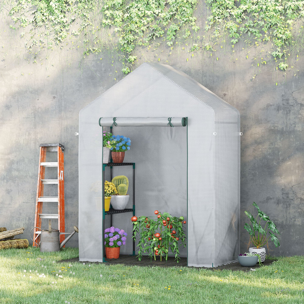 Estufa de Jardim 143x73x195cm Estufa de Aço com 2 Prateleiras e Porta Enrolável para Cultivos de Plantas Vasos de Flores Pátio Exterior Branco — foto 2