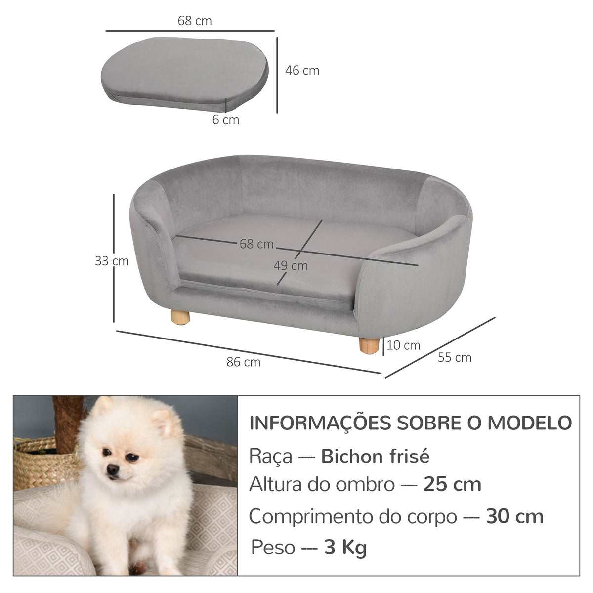 Sofá para Cães Pequenos Cama Elevada para Cães com Pés de Madeira Almofada Removível e Capa Lavável Carga 10 kg 86x55x33 cm Cinzento Claro — foto 3