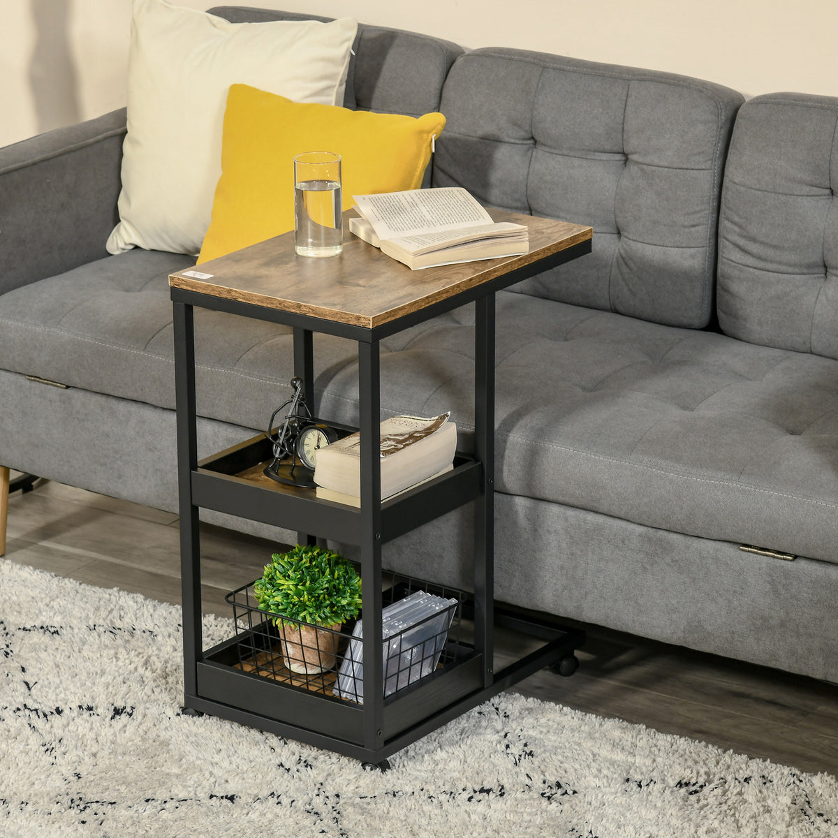 Mesa Auxiliar Industrial Mesa Auxiliar em Forma de C com Rodas Prateleiras Abertas e Estrutura de Aço para Sala de Estar Dormitório 51x33x66 cm Marrom Escuro e Preto — foto 2