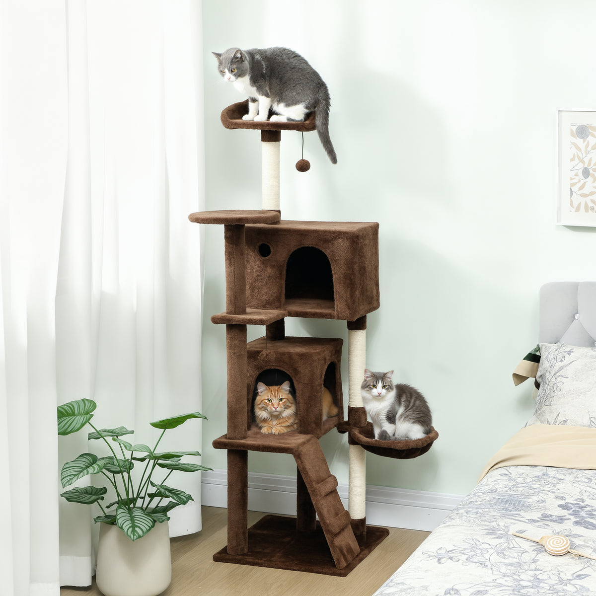Arranhador para Gatos 160 cm Torre de Escalada com Múltiplas Plataformas Cama 2 Cavernas Rede Escada Postes de Sisal Bolas para Brincar Marrom — foto 2