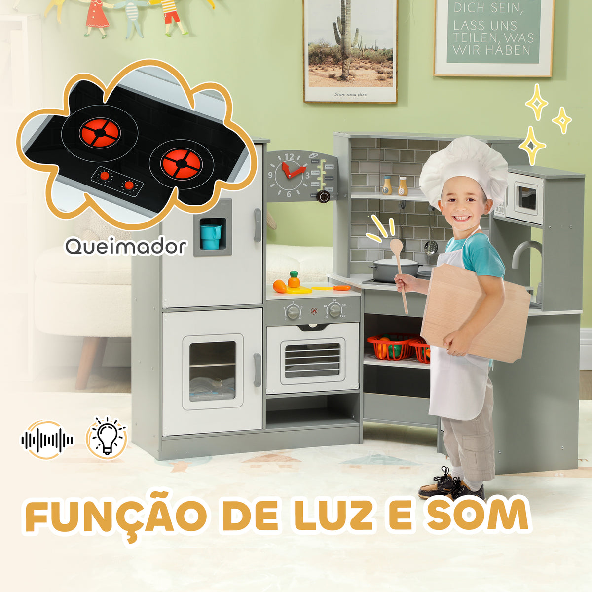 Cozinha de Madeira para Crianças acima de 3 Anos Cozinha de Brincar Infantil com Sons Fogão Forno Lavatório Micro-Ondas Máquina de Gelo e Acessórios 110x80x91 cm Cinza — foto 4
