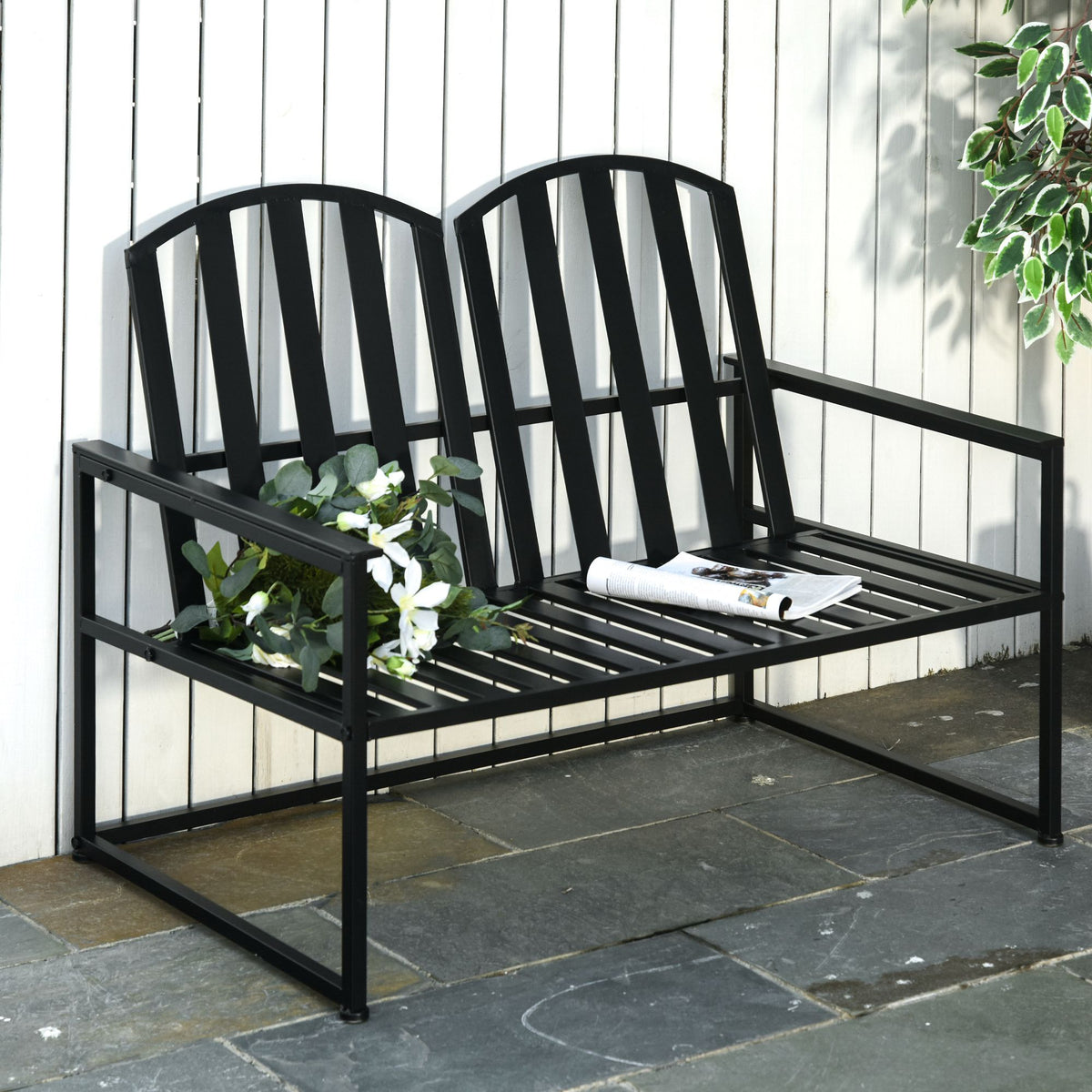 Banco de jardim de metal de 2 lugares com encosto alto e apoios de braço para parque Pátio Terraço Estilo rústico máx. 220 kg 108x63x80,5 cm Preto — foto 2
