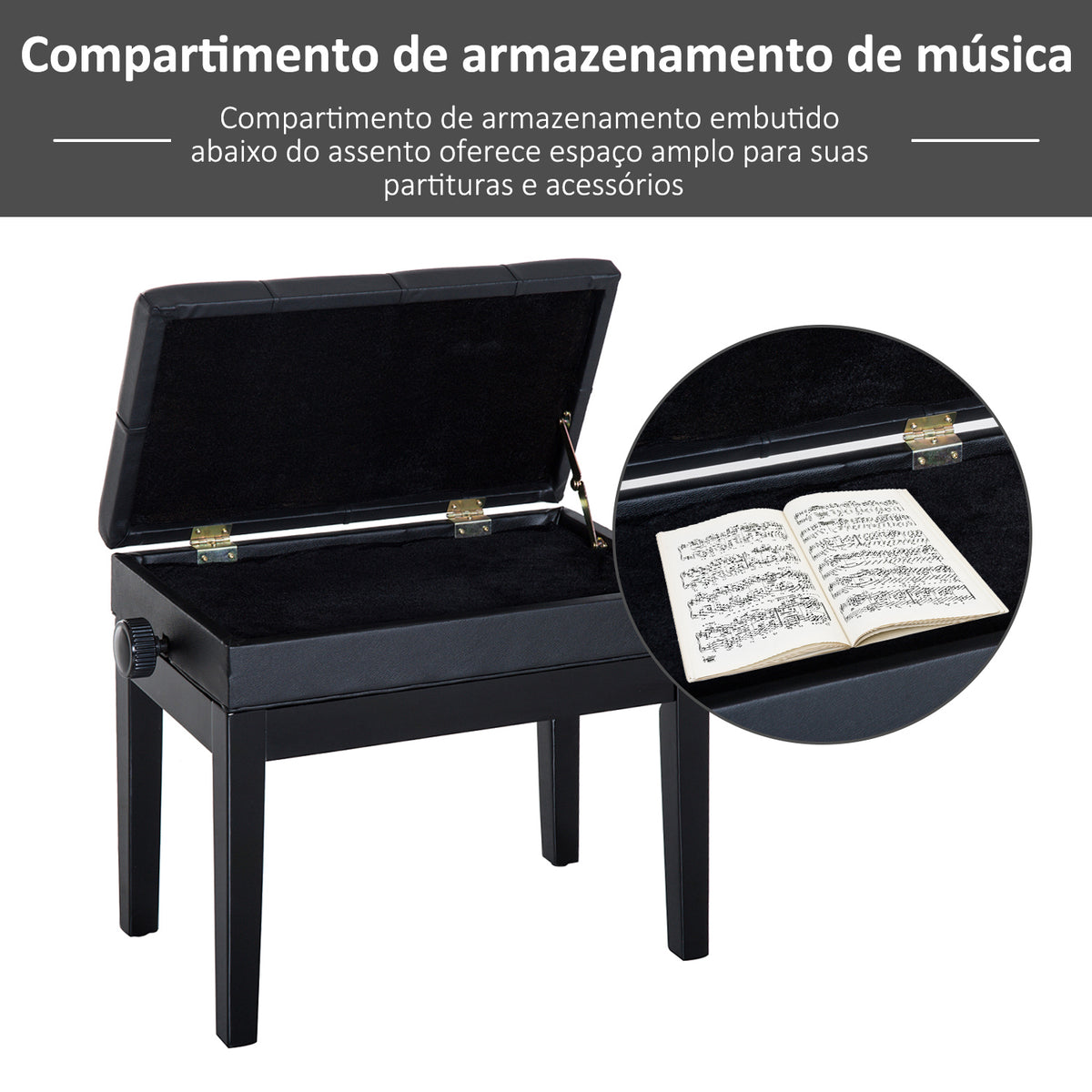 Banco de Piano com Espaço de Armazenamento e Altura Ajustável Banco para Piano com Assento Acolchoado Carga 200 kg 54,5x33x48-58 cm Preto — foto 5