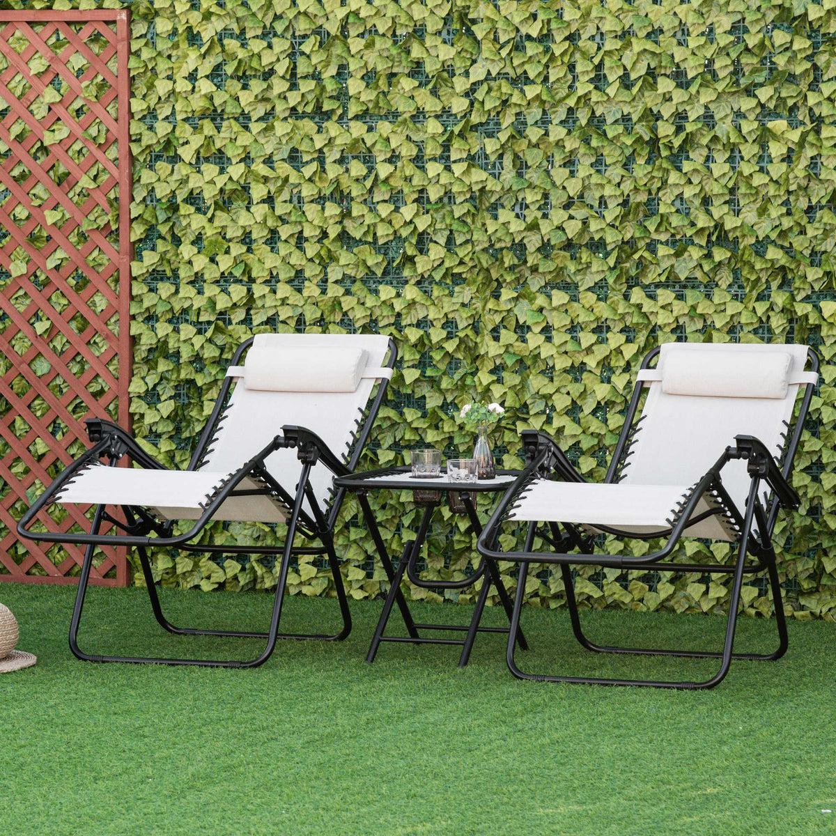Conjunto de 1 Mesa e 2 Espreguiçadeiras Conjunto de Exterior Dobrável e Portátil para Jardim Praia Relaxante com Encosto Reclinável Textilene Aço Bege — foto 2