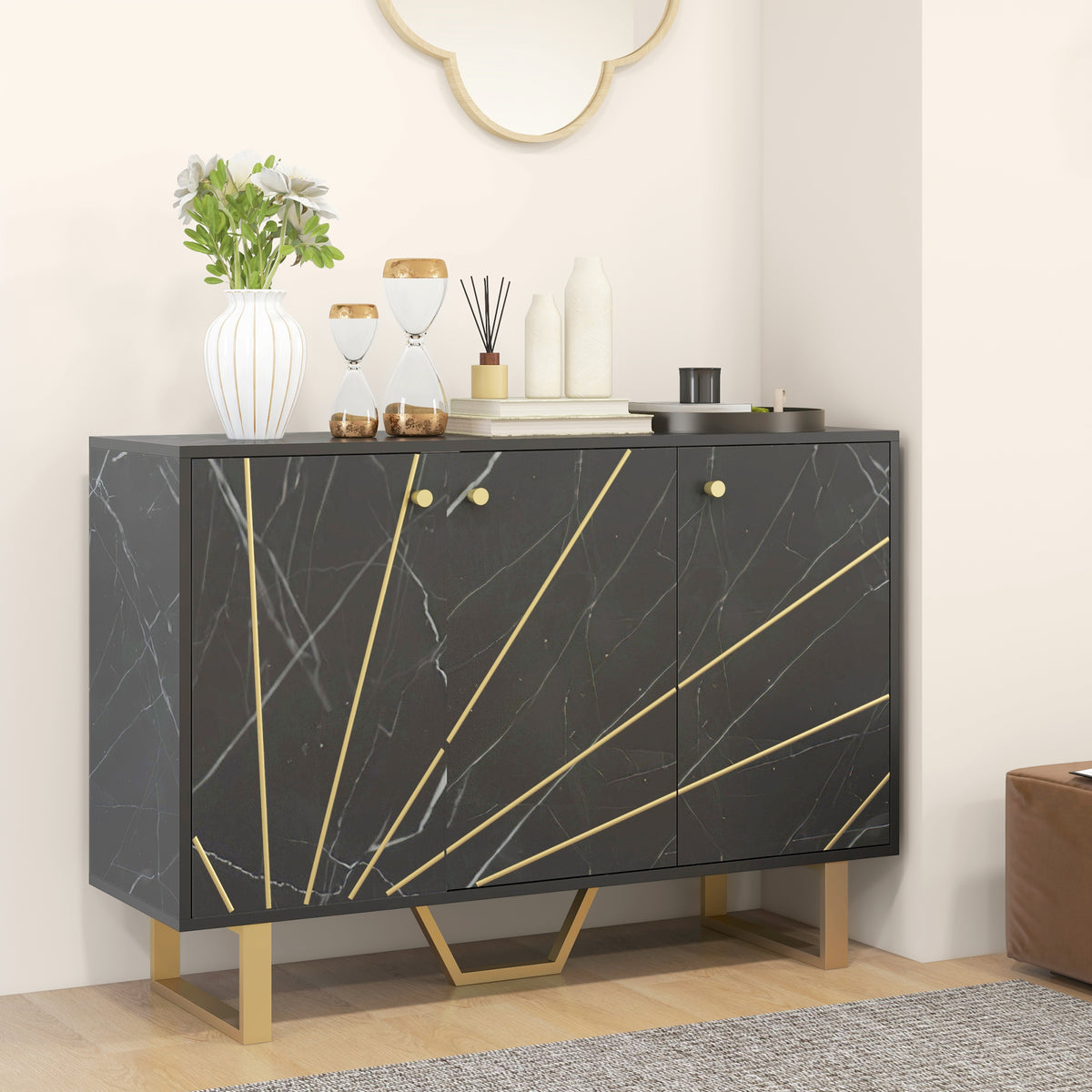 Aparador de Sala de Estar com 2 Armários e Prateleira Interior Ajustável Móvel Buffet com Efeito Mármore 107x35x75 cm Preto e Dourado — foto 8