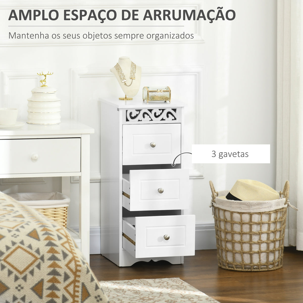 Armário Auxiliar Casa de Banho com 3 Gavetas Armário Multifuncional Móvel de Armazenamento para Casa de Banho Cozinha Dormitório 29,8x29,8x68,5 cm Branco — foto 4