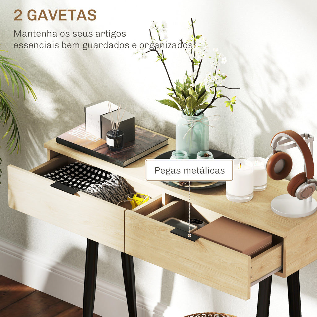 Mesa Consola Móvel para Entrada com 2 Gavetas e Pés de Aço Consola para Entrada Corredor 100x30x80,5 cm Carvalho — foto 5