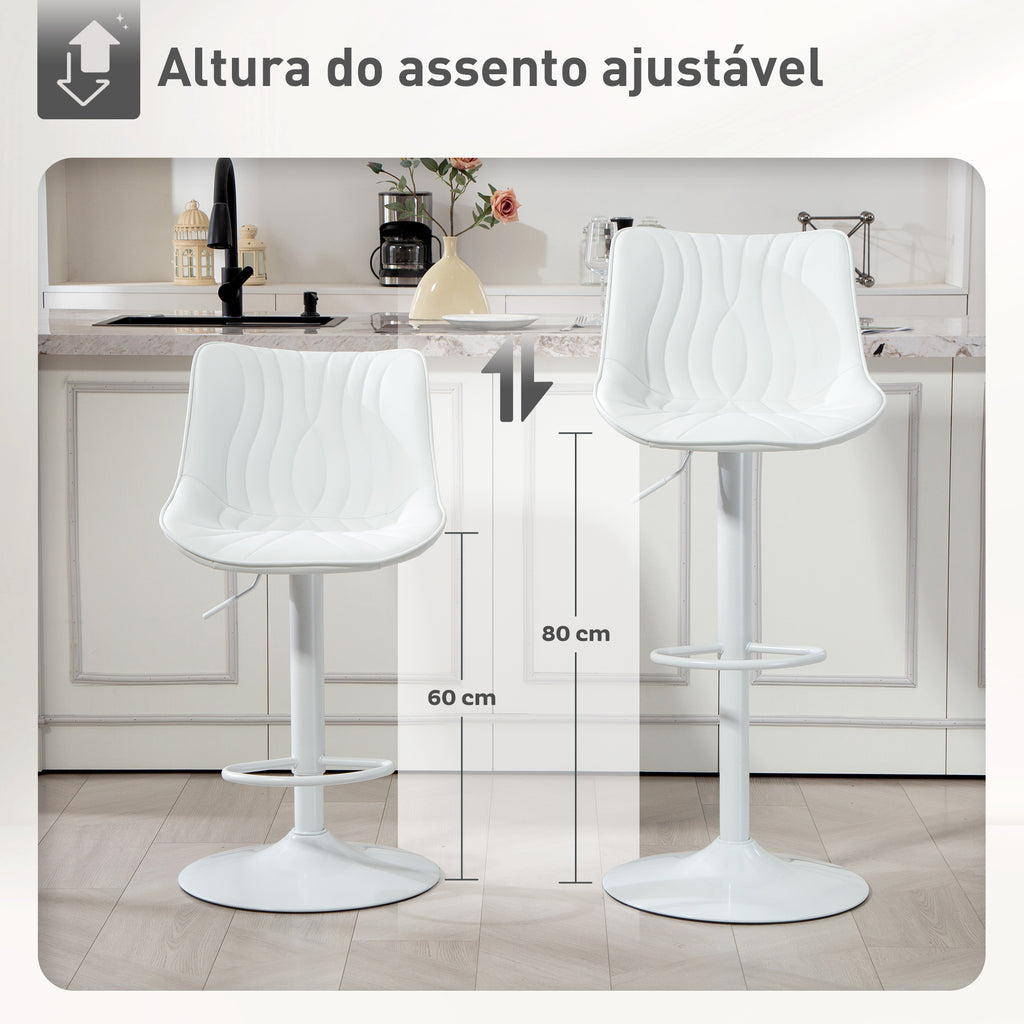 Conjunto de 2 Bancos de Bar Bancos Altos de Cozinha Giratórios com Altura Ajustável 92-110 cm Encosto Assento em Couro Sintético Estrutura de Aço e Apoio para Pés Branco — foto 7