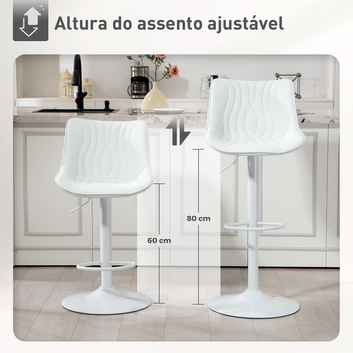 Conjunto de 2 Bancos de Bar Bancos Altos de Cozinha Giratórios com Altura Ajustável 92-110 cm Encosto Assento em Couro Sintético Estrutura de Aço e Apoio para Pés Branco — foto 7