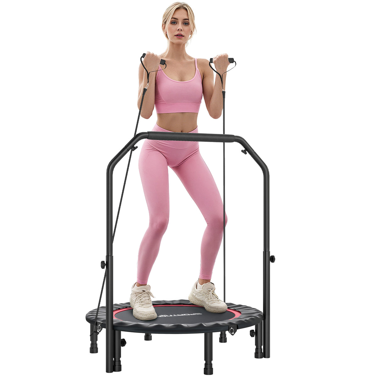 Trampolim de Fitness Ø102 cm Trampolim Dobrável com Guiador Ajustável de 4 Níveis e Bandas para Treino de Pernas e Corpo em Casa Escritório Ginásio e Exterior Carga 150 kg Vermelho — foto 1
