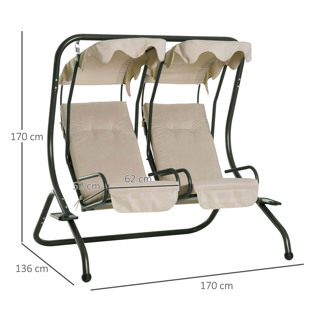 Baloiço de Jardim com 2 Lugares Individuais com Teto e Suporte para Bebida para Terraço Balcão Exterior 170x136x170 cm Bege — foto 3