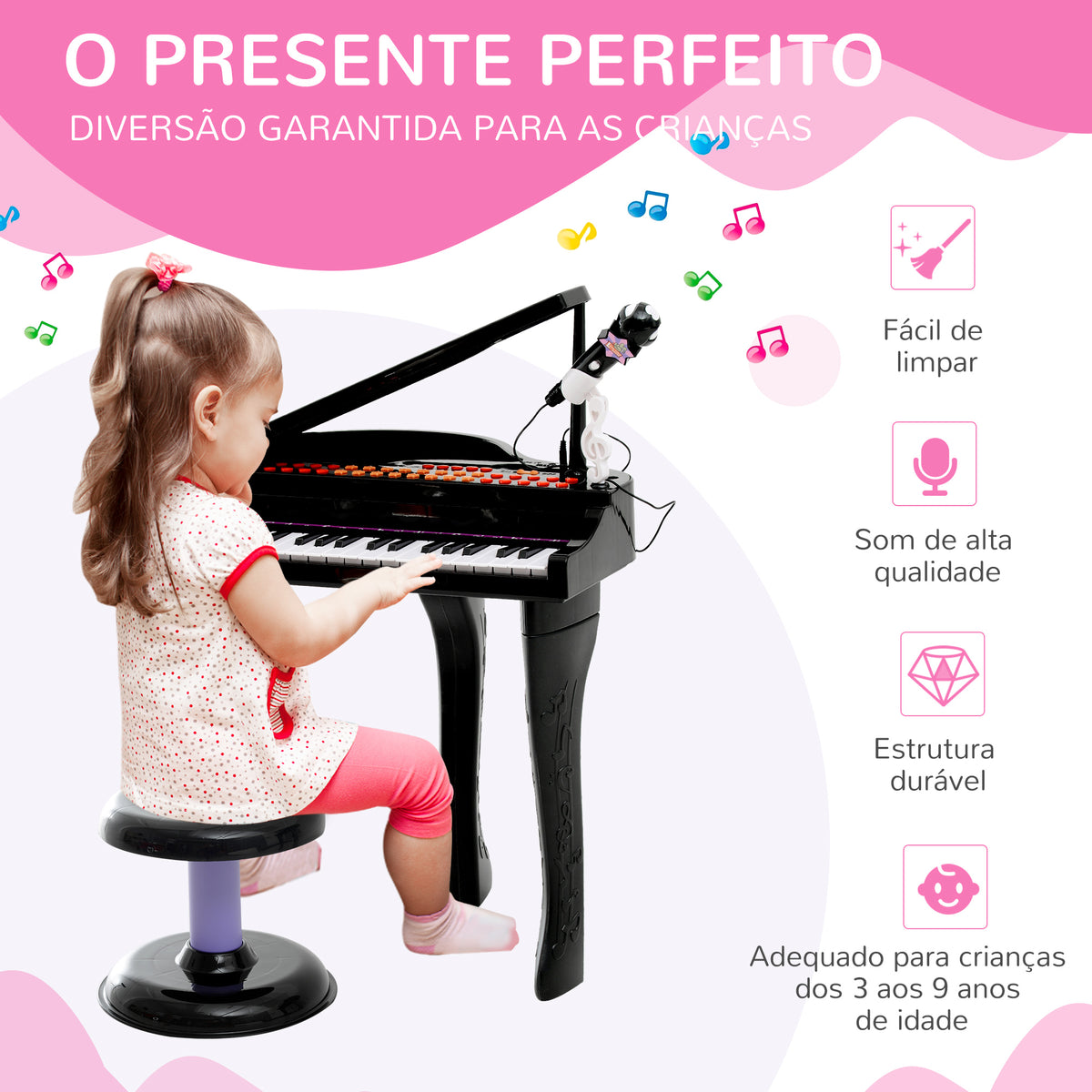 Piano para Crianças com 37 Teclas Piano Infantil com Microfone Banco Luzes 22 Músicas e Entrada para MP3 e USB 48x39x69 cm Preto — foto 4