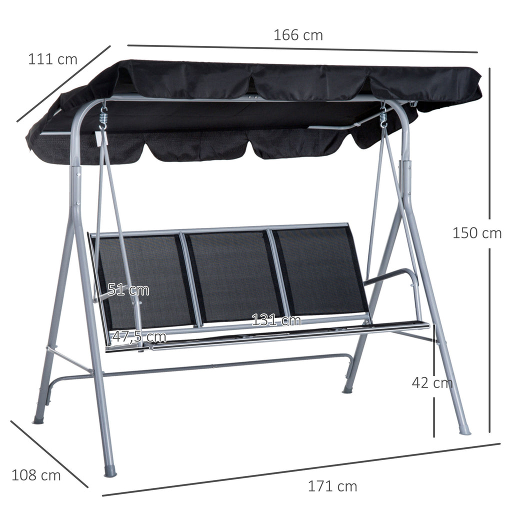 Baloiço Jardim de 3 Lugares com Toldo Ajustável Encosto Respirável e Estrutura de Metal para Terraço Balcão Exterior Carga 200kg 171x108x154cm Preto — foto 3