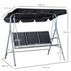 Baloiço Jardim de 3 Lugares com Toldo Ajustável Encosto Respirável e Estrutura de Metal para Terraço Balcão Exterior Carga 200kg 171x108x154cm Preto — foto 3