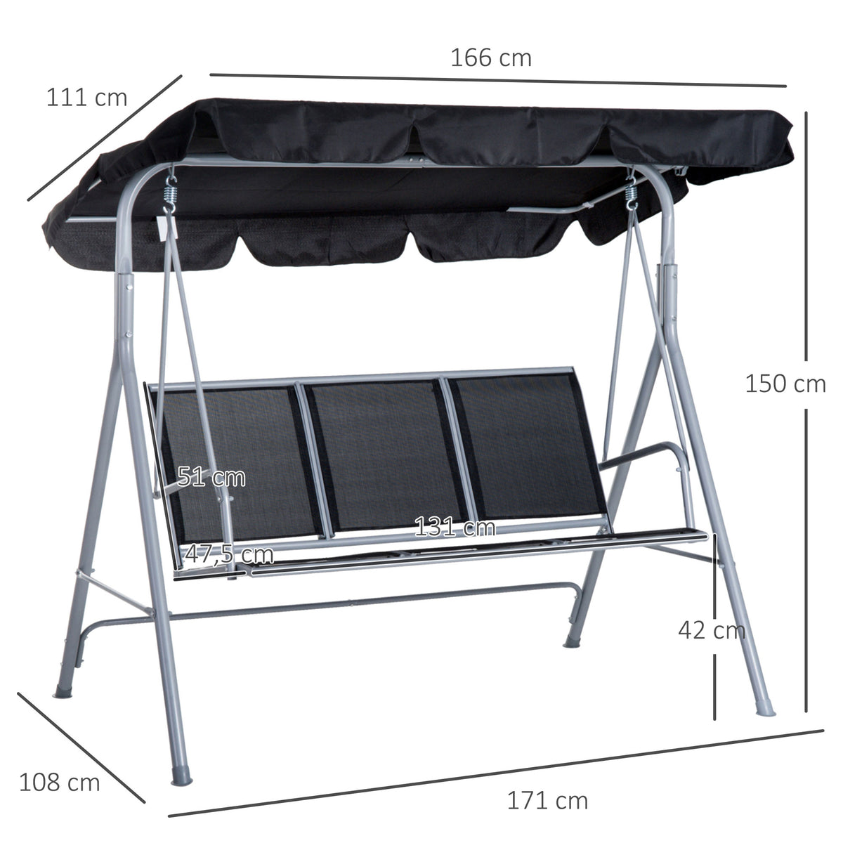 Baloiço Jardim de 3 Lugares com Toldo Ajustável Encosto Respirável e Estrutura de Metal para Terraço Balcão Exterior Carga 200kg 171x108x154cm Preto — foto 3