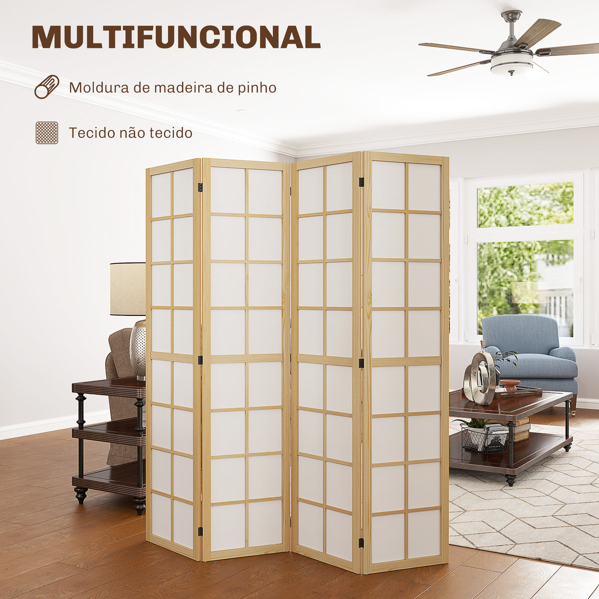 Biombo Dobrável de 4 Painéis Ecrã de Privacidade Separador de Ambientes de Interior para Sala de Estar Dormitório e Escritório 160x170 cm Madeira e Branco — foto 4