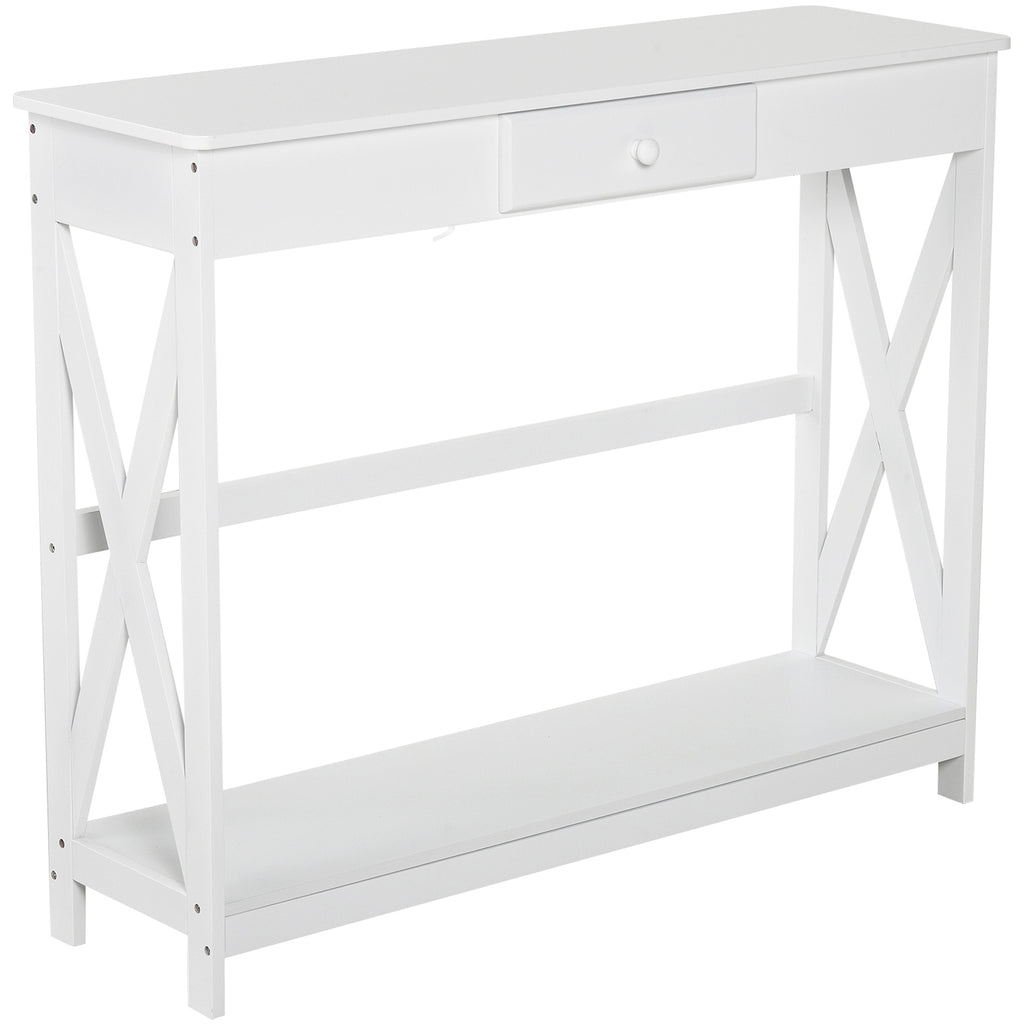 Mesa Consola Clássica com 1 Gaveta e 1 Prateleira de Armazenamento para a Entrada Mesa Auxiliar Sala de Estar Estilo Elegante 100x30x81cm Branco — foto 1