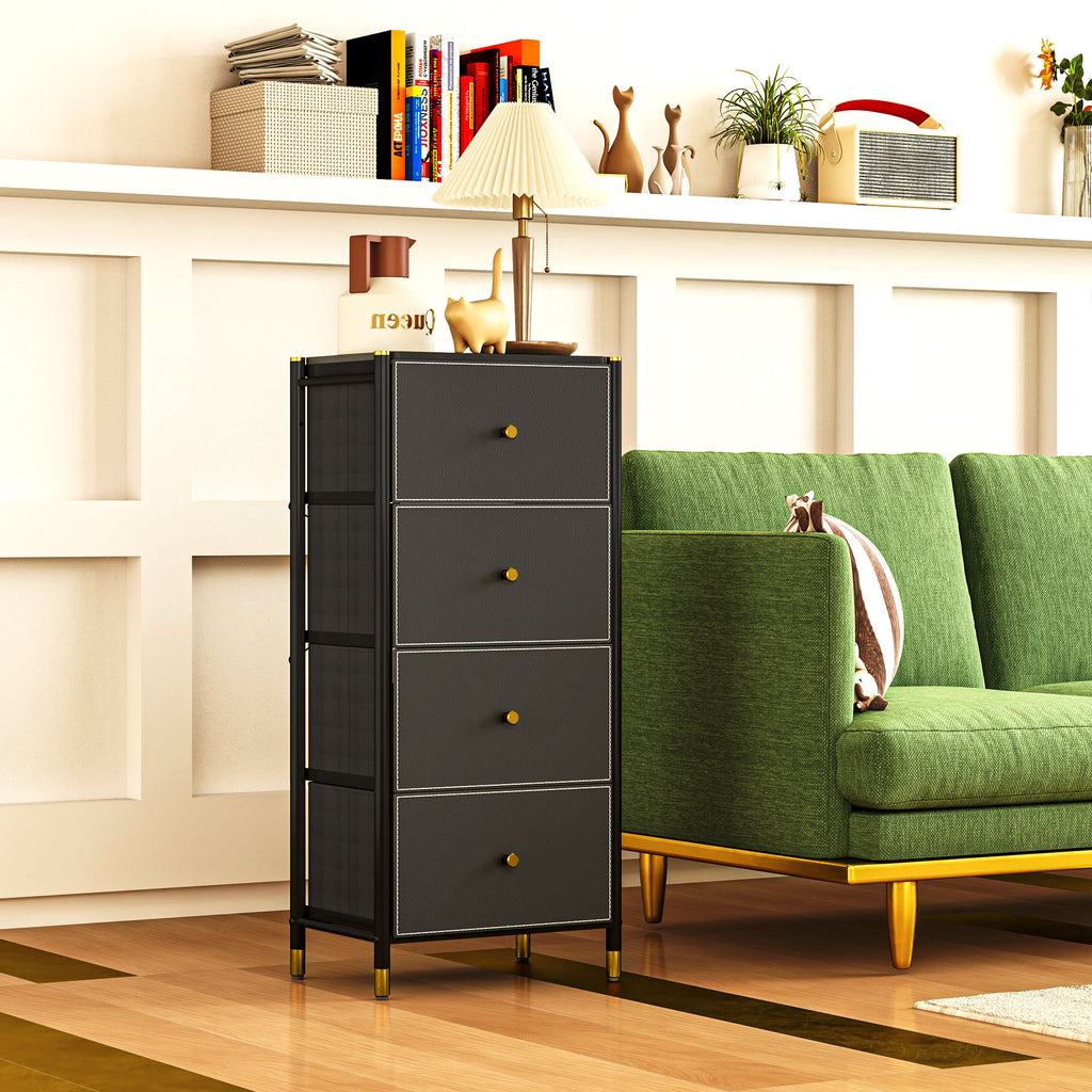 Cómoda para Dormitório Cómoda de Tecido com 4 Gavetas Dobráveis com Frentes de Couro PU e Estrutura de Aço Cómoda para Dormitório 46x30x98 cm Preto — foto 7