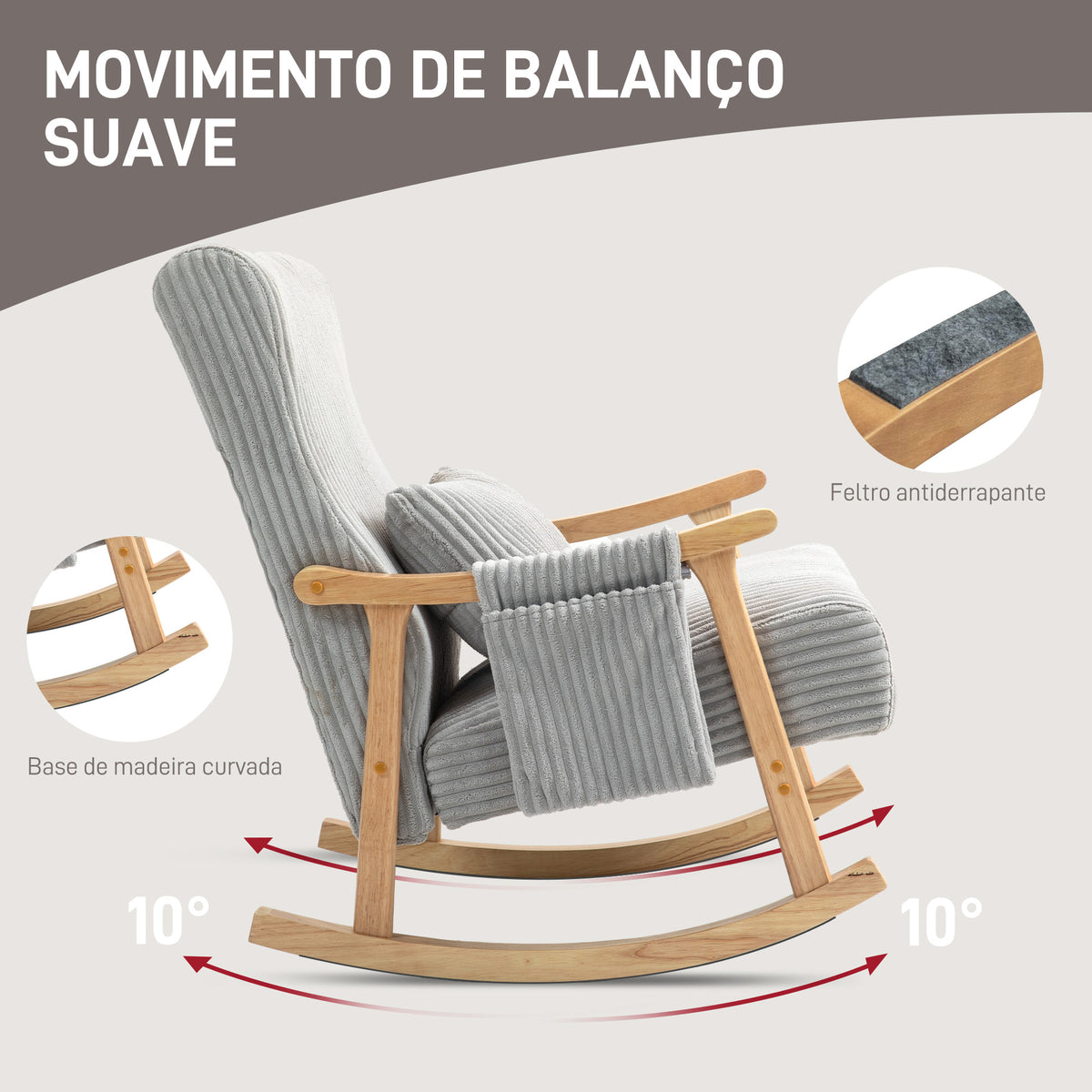 Cadeira de Baloiço, Cadeira de Baloiço em Veludo Cotelê com Almofada Lombar, Estrutura em Madeira, Assento Largo, Bolso Lateral, Estilo Moderno, Carga Máxima 120 kg, para Quarto e Sala, Cinzento — foto 4