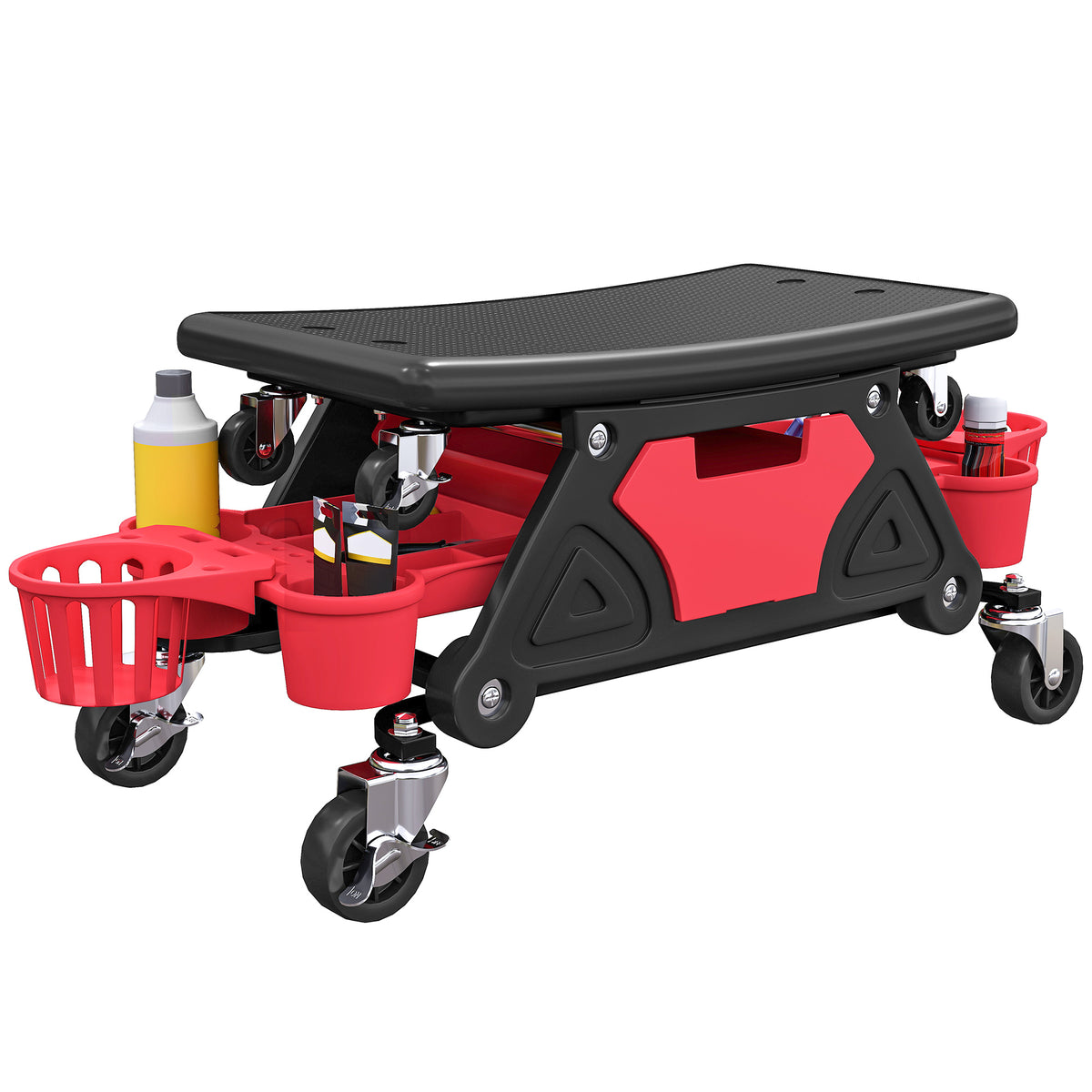 Banco de Trabalho Giratório com Rodas Altura Ajustável Banco Mecânico com 2 Bandejas para Ferramentas e Gaveta Carga 135 kg para Garagem Reparação de Automóveis 86x33x33 cm Vermelho — foto 1