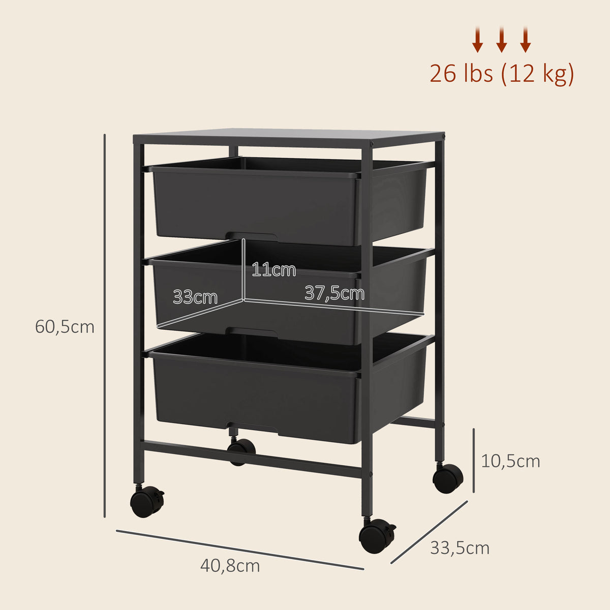 Carrinho Auxiliar com Rodas Carrinho de Cozinha de 3 Níveis com 3 Cestos para Armazenamento e Estrutura de Aço para Sala de Jantar Banheiro 40,8x33,5x60,5 cm Preto — foto 3