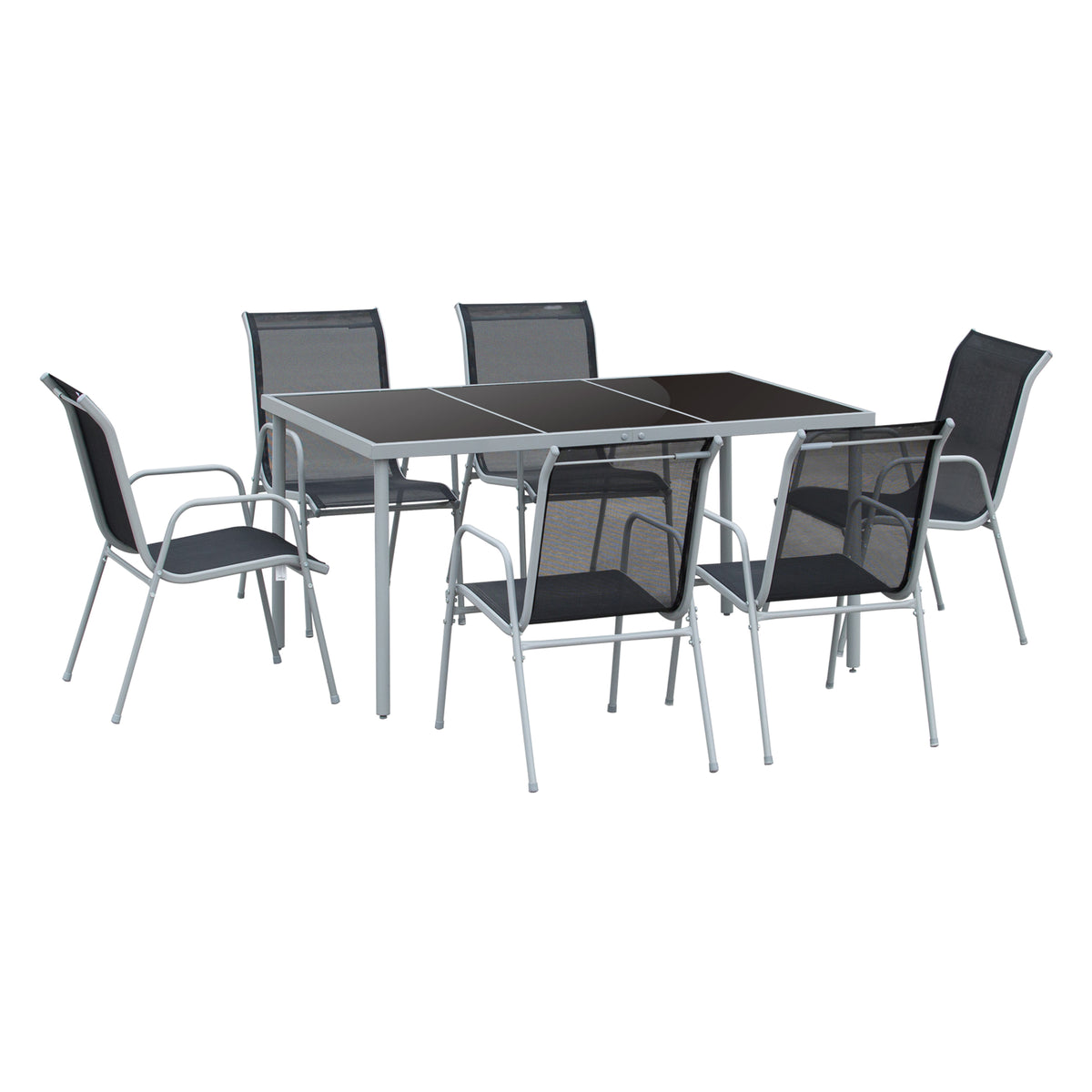 Conjunto de Refeição 7 Peças Conjunto de Refeição de Jardim com Mesa de Vidro Temperado e 6 Cadeiras Empilháveis com Apoio para os Braços 150x90x72 cm Preto e Cinza — foto 1