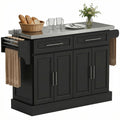 Ilha de Cozinha com Rodas Carrinho de Cozinha com Bancada de Aço Inoxidável 2 Gavetas 4 Portas 2 Prateleiras Ajustáveis Suporte para Especiarias e Toalheiro 145x45x93 cm Preto — foto 1