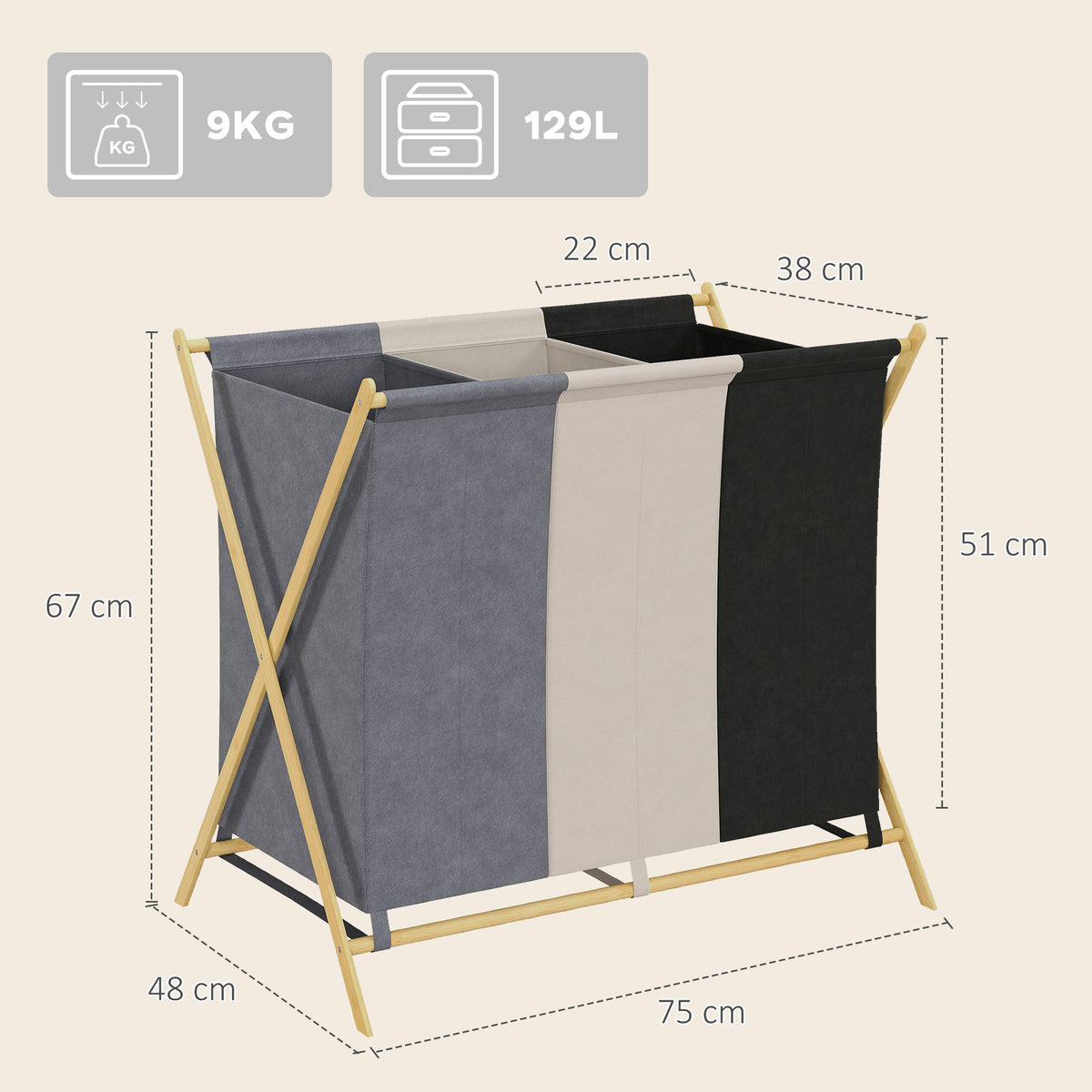 Cesto para Roupa Suja Dobrável com 3 Compartimentos Capacidade de 129L Cesto para a Lavandaria com Estrutura em Forma de X de Bambu e Sacos Removíveis 75x48x67 cm Multicolor — foto 3