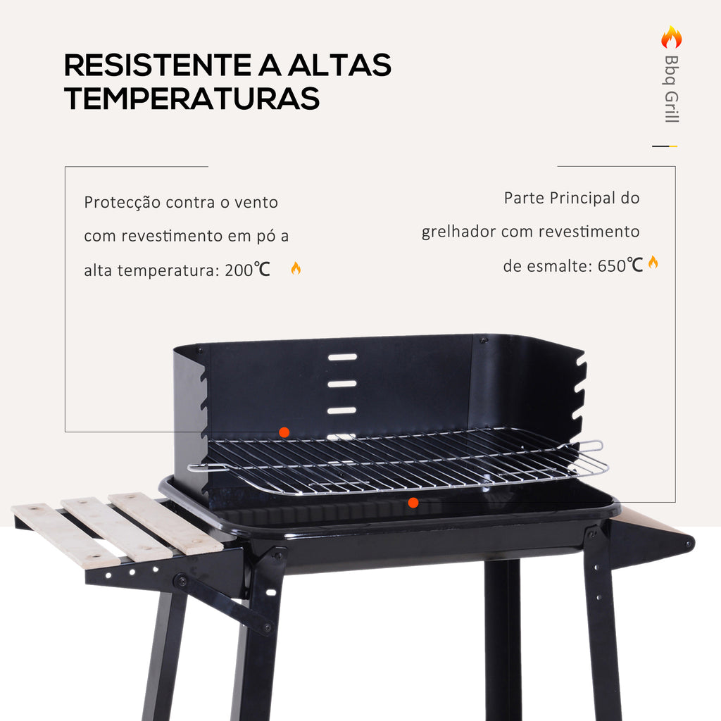 Barbecue a Carvão com Grelha Ajustável em Altura Prateleiras e Rodas para Jardim Exterior Campismo 83x45x87 cm Preto — foto 7