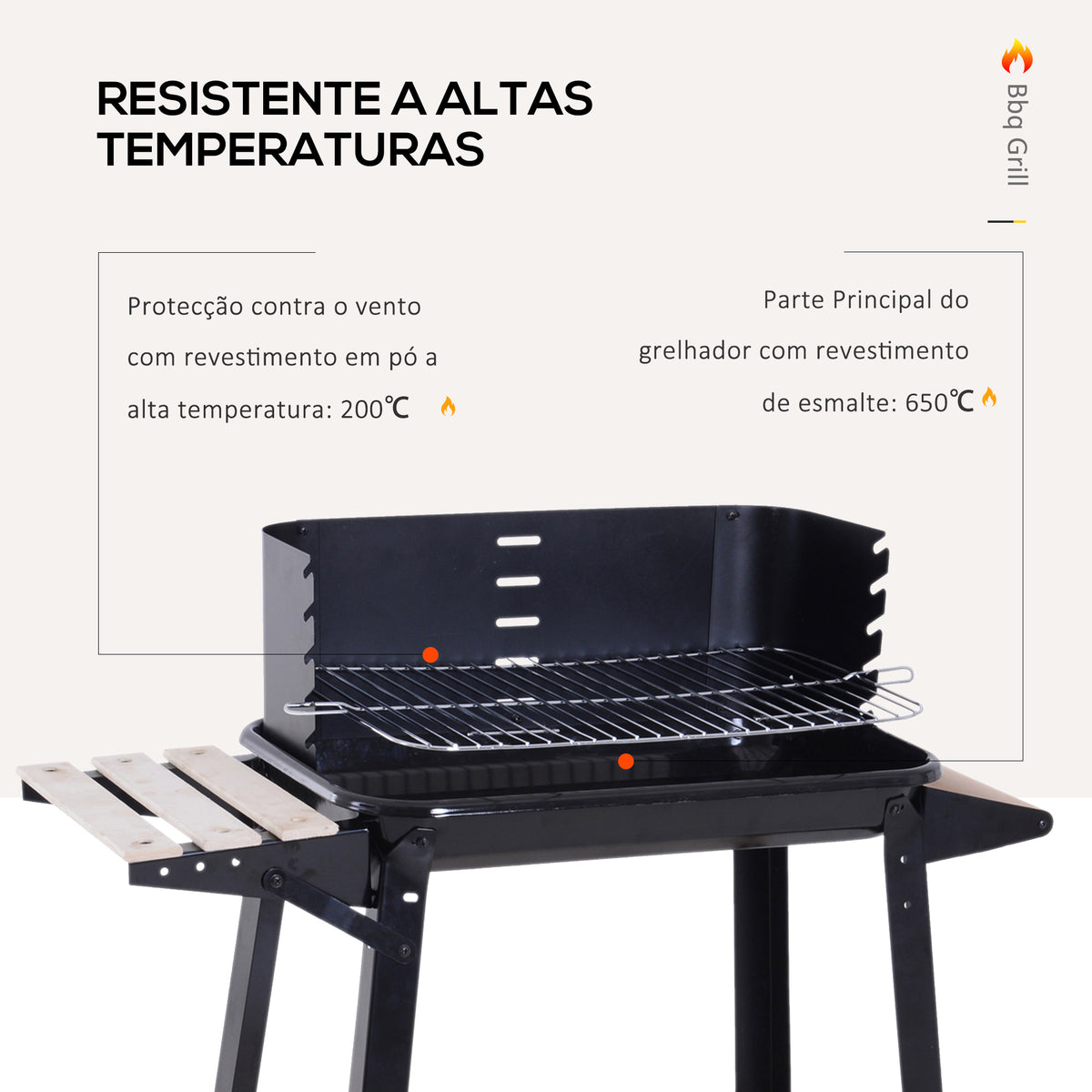 Barbecue a Carvão com Grelha Ajustável em Altura Prateleiras e Rodas para Jardim Exterior Campismo 83x45x87 cm Preto — foto 7