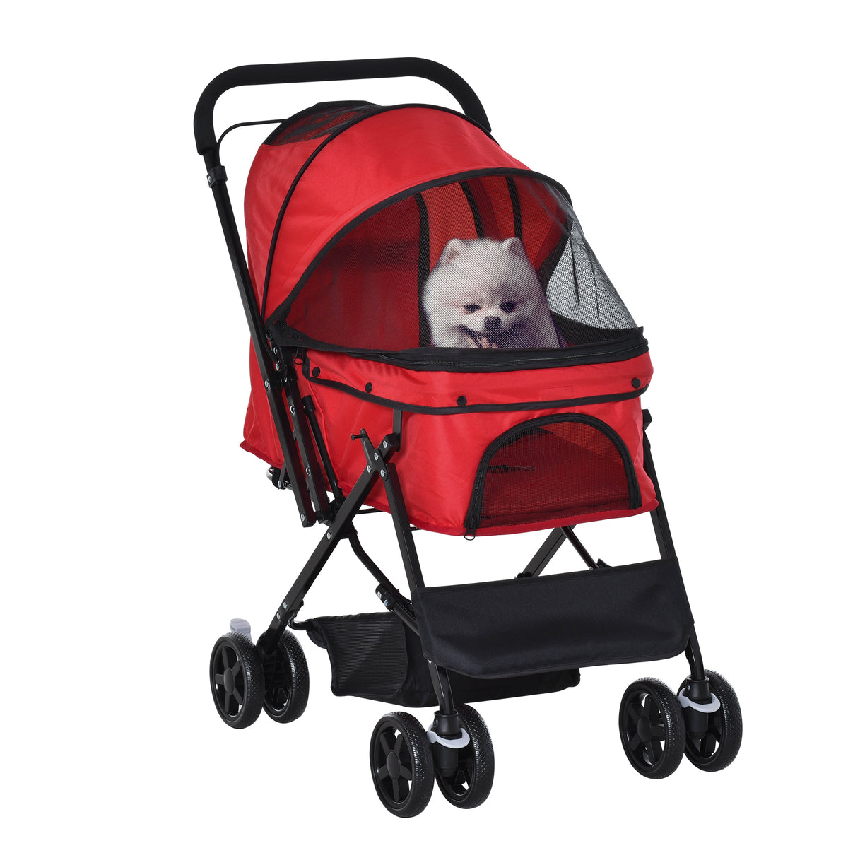 Carrinho para Animais de Estimação Dobrável Carro para Cães e Gatos com Capô Ajustável Cesta de Armazenamento Cinto de Segurança Tecido Oxford 600D Aço 76,5x52x95cm Vermelho — foto 1
