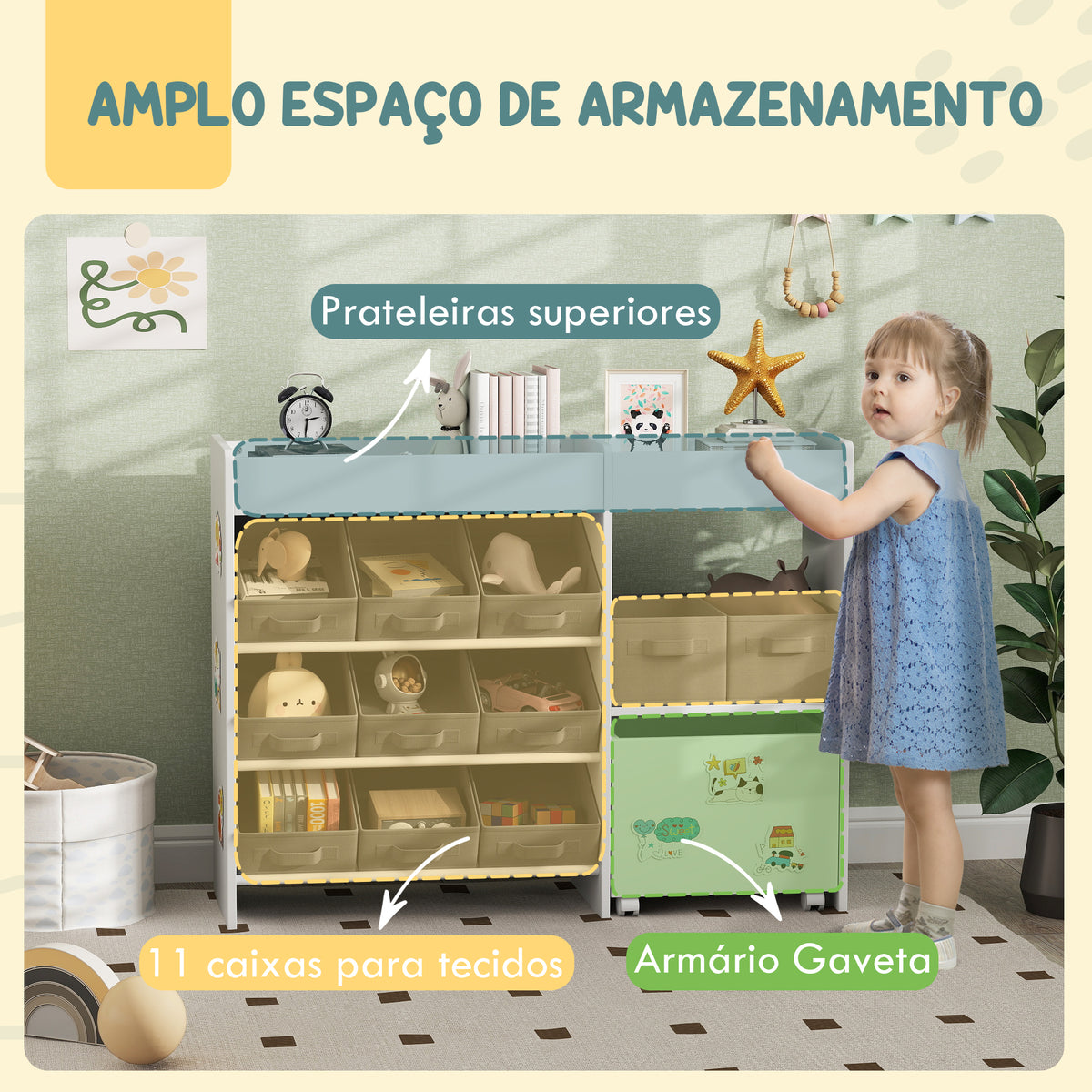 Organizador de Brinquedos para Crianças Organizador Infantil com 11 Cestas Amovíveis Compartimentos e Autocolantes para Escola Infantil Sala de Jogos 105x30x80 cm Branco e Cinza — foto 4