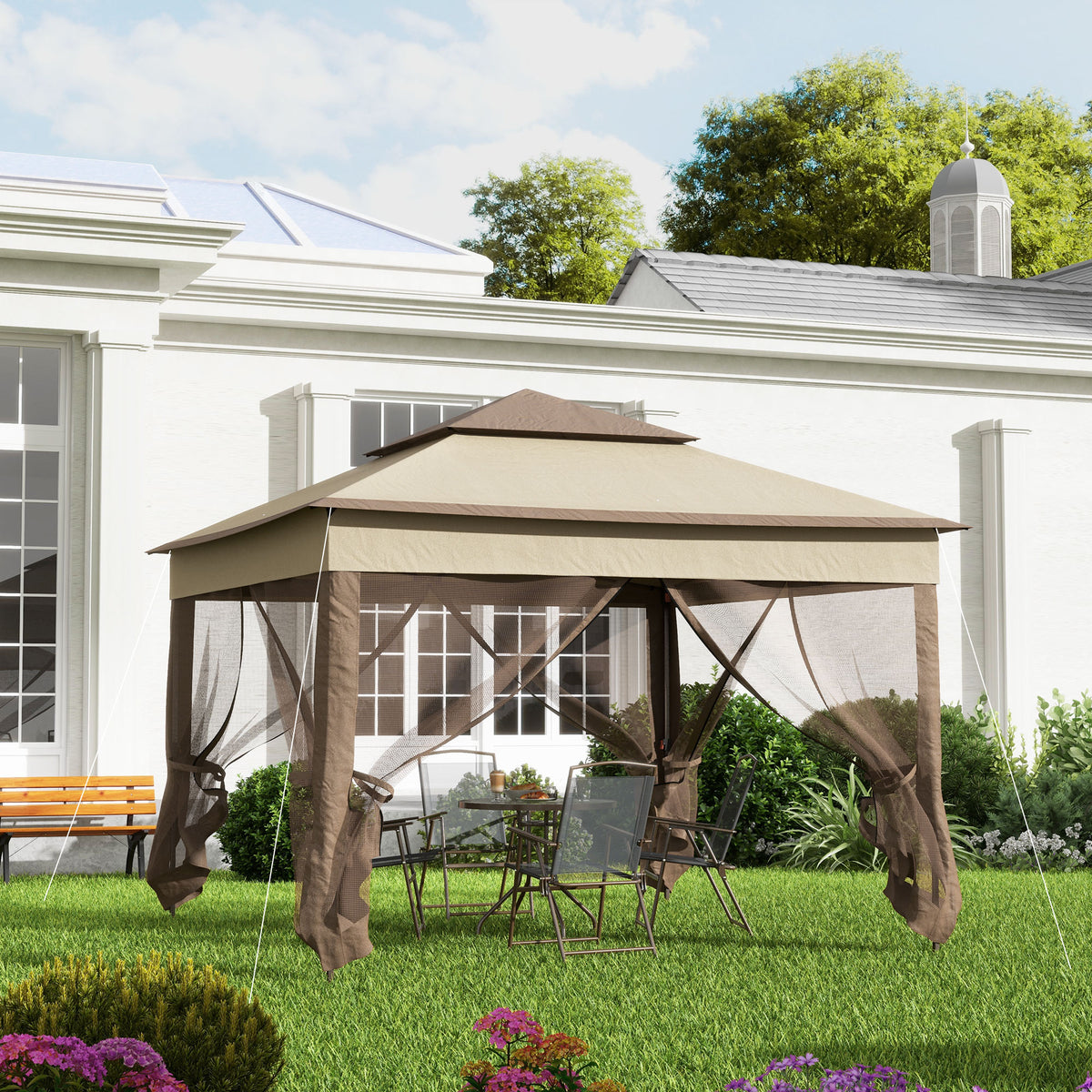 Tenda Dobrável Exterior 325x325x265 cm Tenda de Jardim com Teto Duplo Rede Mosquiteira Amovível e Bolsa de Transporte para Jardim Pátio Cáqui e Marrom — foto 2