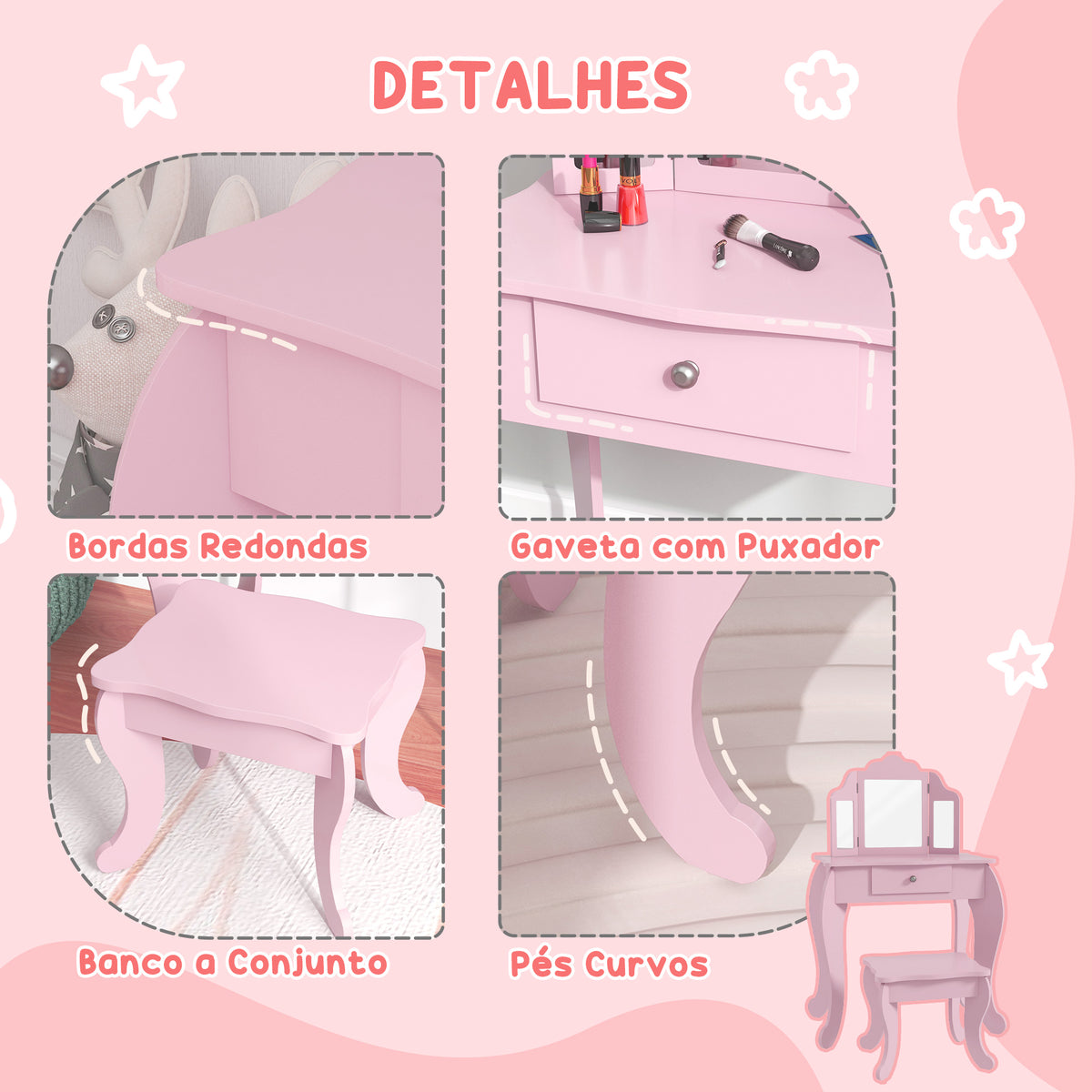 Toucador Infantil de Madeira com Banco e Espelho de Acrílico de 2 Seções Mesa de Maquilhagem Infantil com Gaveta para Dormitório Sala de Jogos 63x40x85,5 cm Rosa — foto 5
