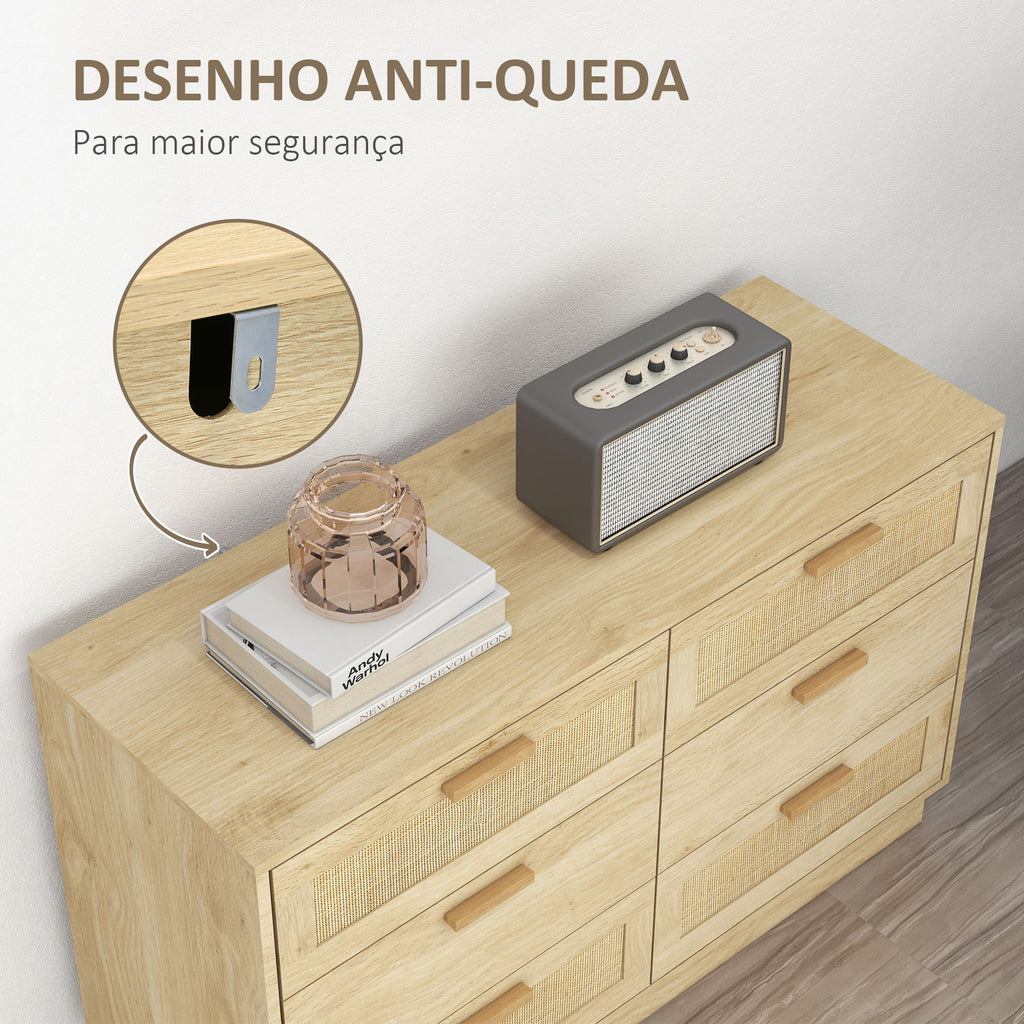 Cómoda para Quarto Cómoda de Madeira com 6 Gavetas de Vime Estilo Boêmio Cómoda para Corredor Sala de Estar Escritório 110x40x69 cm Carvalho — foto 6
