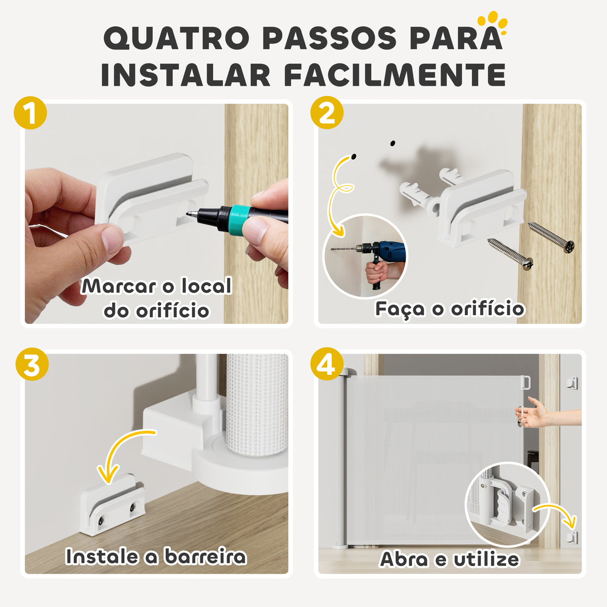 Barreira de Segurança para Cães Retrátil 0-136 cm Barreira para Cães Pequenos Extensível com Botão de Fecho Porta de Segurança para Corredores Escadas Interiores e Exteriores Branco — foto 5