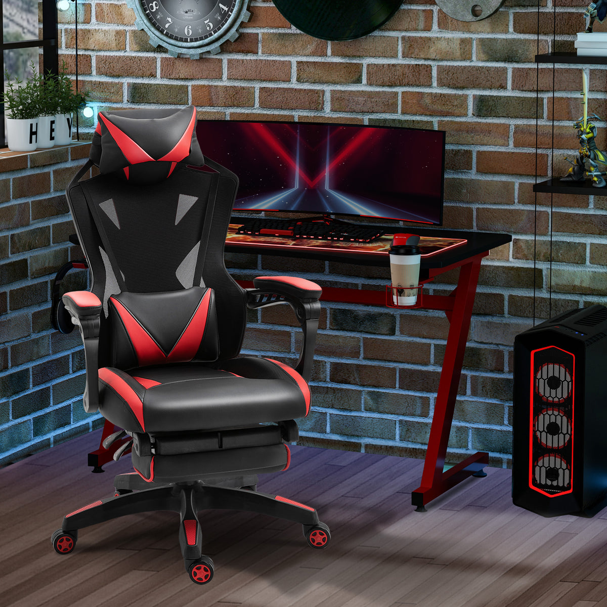 Cadeira Gaming Ergonómica Cadeira Gaming para Escritório com Altura Ajustável Encosto Regulável Almofada Lombar Apoio para os Pés Retráteis 65x70x117-125cm Vermelho — foto 2