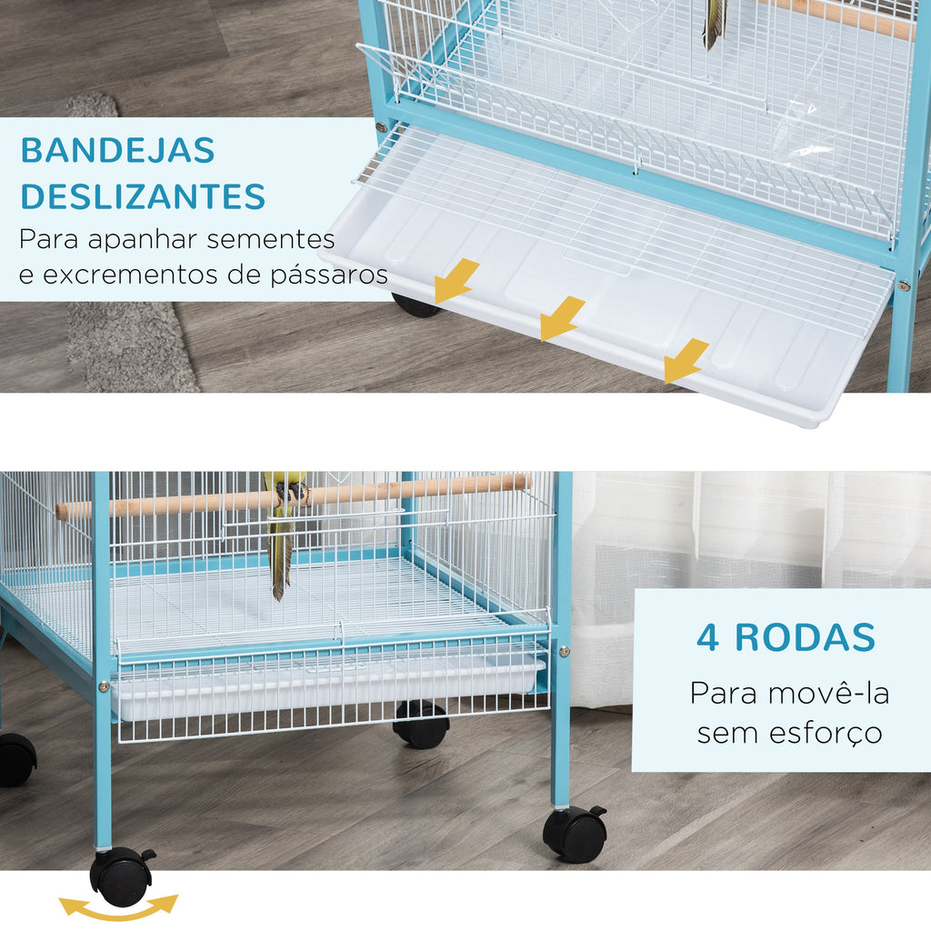 Gaiola para Pássaros com Rodas Gaiola Grande de 2 Níveis com Bandejas Removíveis Portas Comedouros Poleiros para Canários Periquitos 51,5x50x140 cm Azul e Branco — foto 6